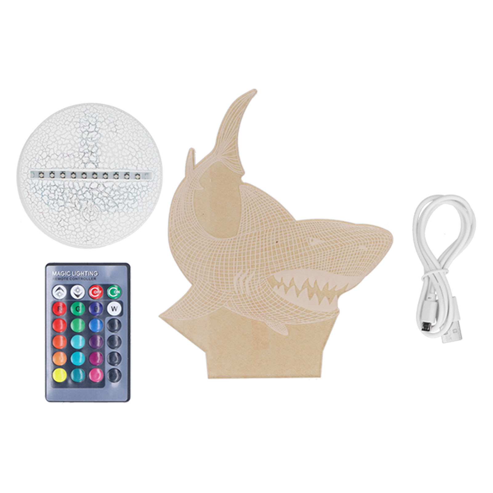 Hai-LED-Lampe, Fernbedienung und Ladekabel. Die Lampe hat einen Sockel und eine Haifischkontur. Weißer Hintergrund.