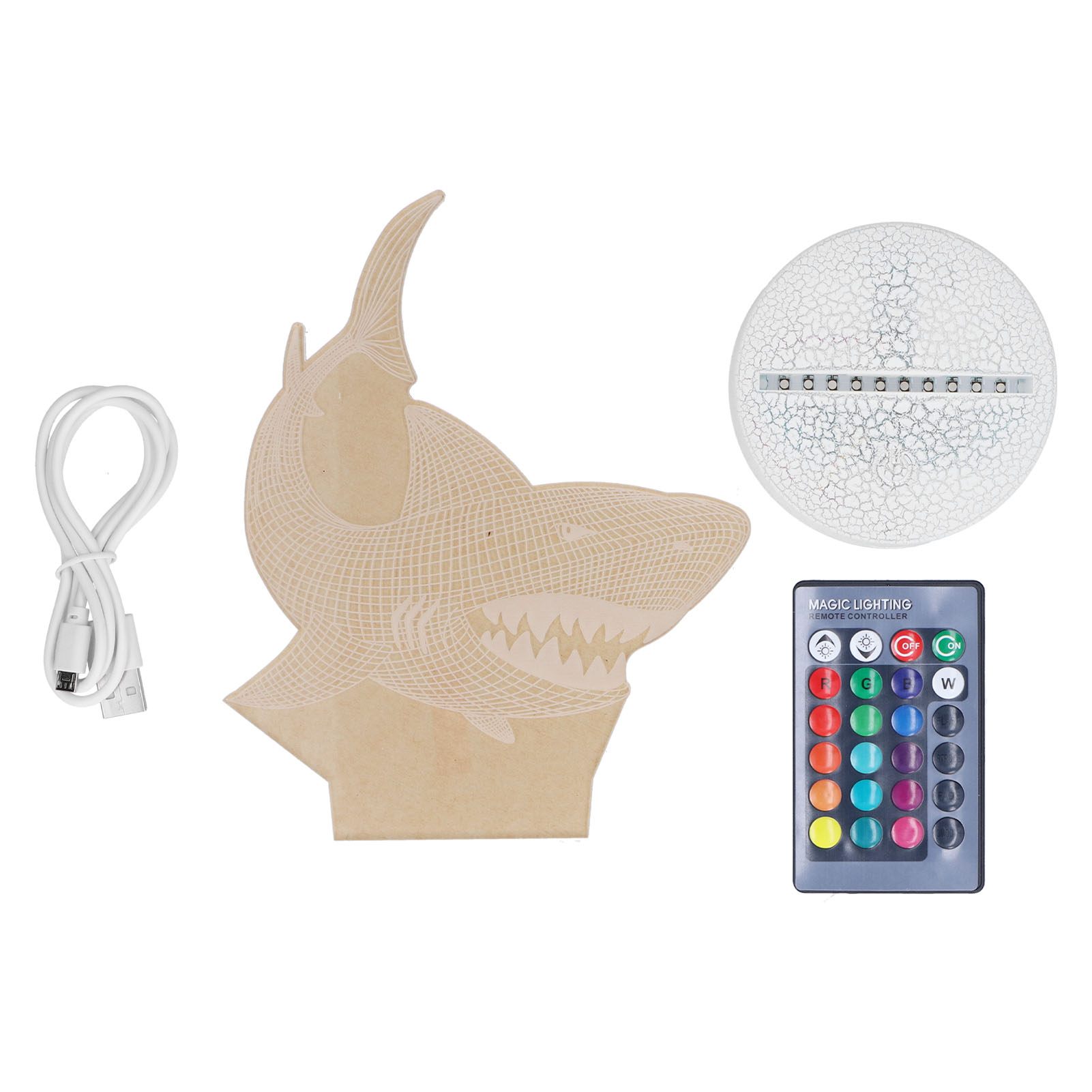 Hai-Nachtlicht mit Fernbedienung, USB-Kabel und einer Kugel mit Rissen.