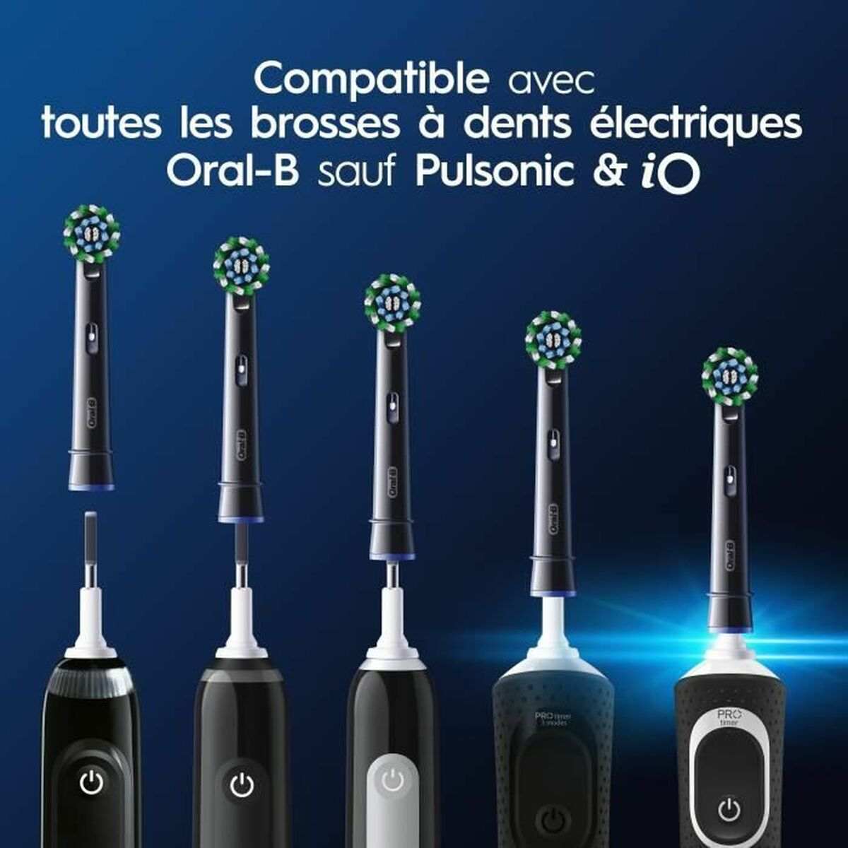 L'immagine mostra spazzolini elettrici Oral-B e testine. Il testo indica la compatibilità con tutti gli spazzolini elettrici Oral-B, tranne Pulsonic e iO.