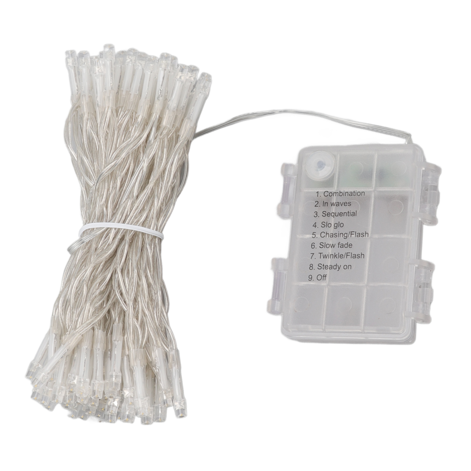 Lichterkette gebündelt, mit einem Akkupack. Der Packung hat Einstellungen: Kombination, Wellen, sequentiell, langsam verblassen, blinken/blitzen, dauerhaft ein und aus.