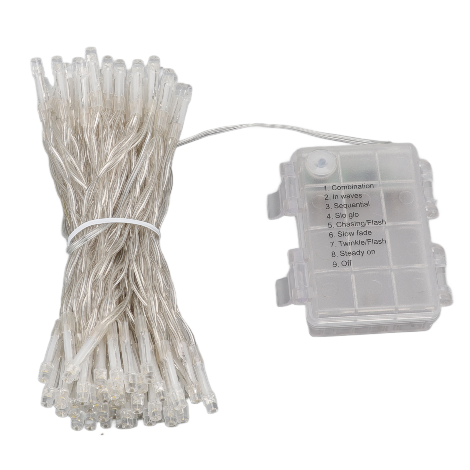 Lichterkette mit Steuerbox. Die Lichter sind gebündelt. Die Box hat Einstellungen für verschiedene Lichtmuster.
