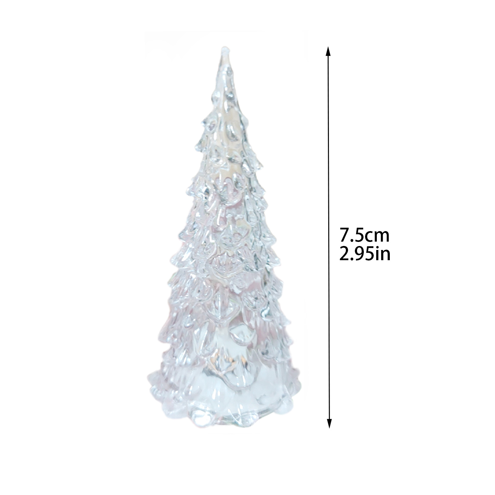 Ein klarer Weihnachtsbaum aus Kunststoff. Daneben ist ein Maß von 7,5 cm/2,95 Zoll angegeben. Der Hintergrund ist weiß.