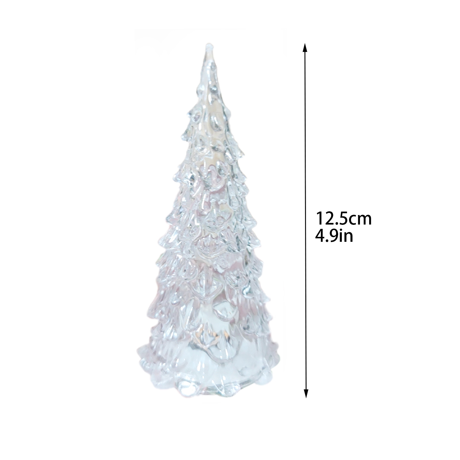 Ein klarer, gläserner Weihnachtsbaum mit konischer Form steht auf weißem Hintergrund. Er ist mit seiner Höhe von 12,5 cm und 4,9 Zoll beschriftet.