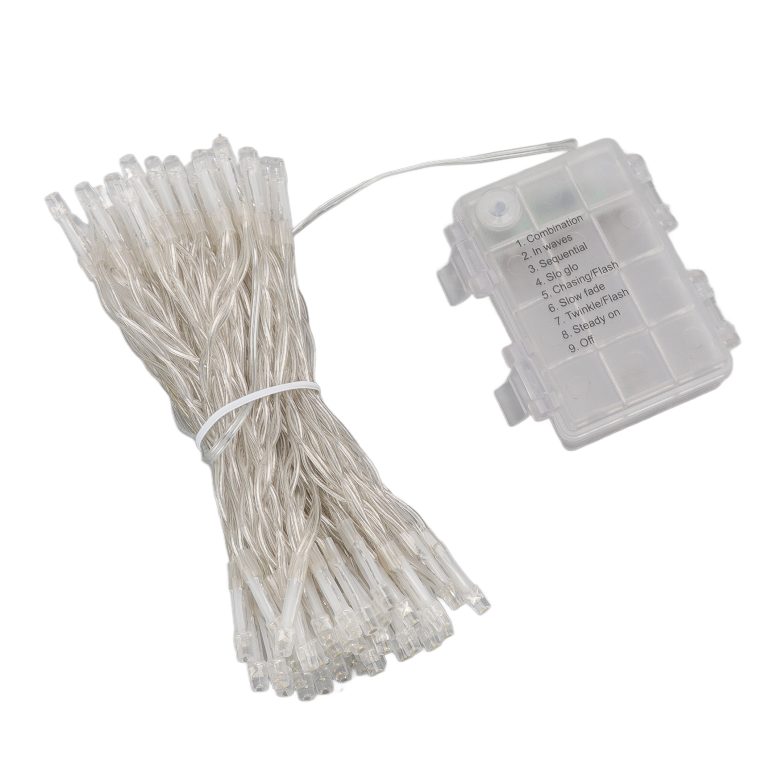 Ein Bündel aus transparenten Lichterketten mit einem Akkupack. Das Pack hat mehrere Lichtmodi.