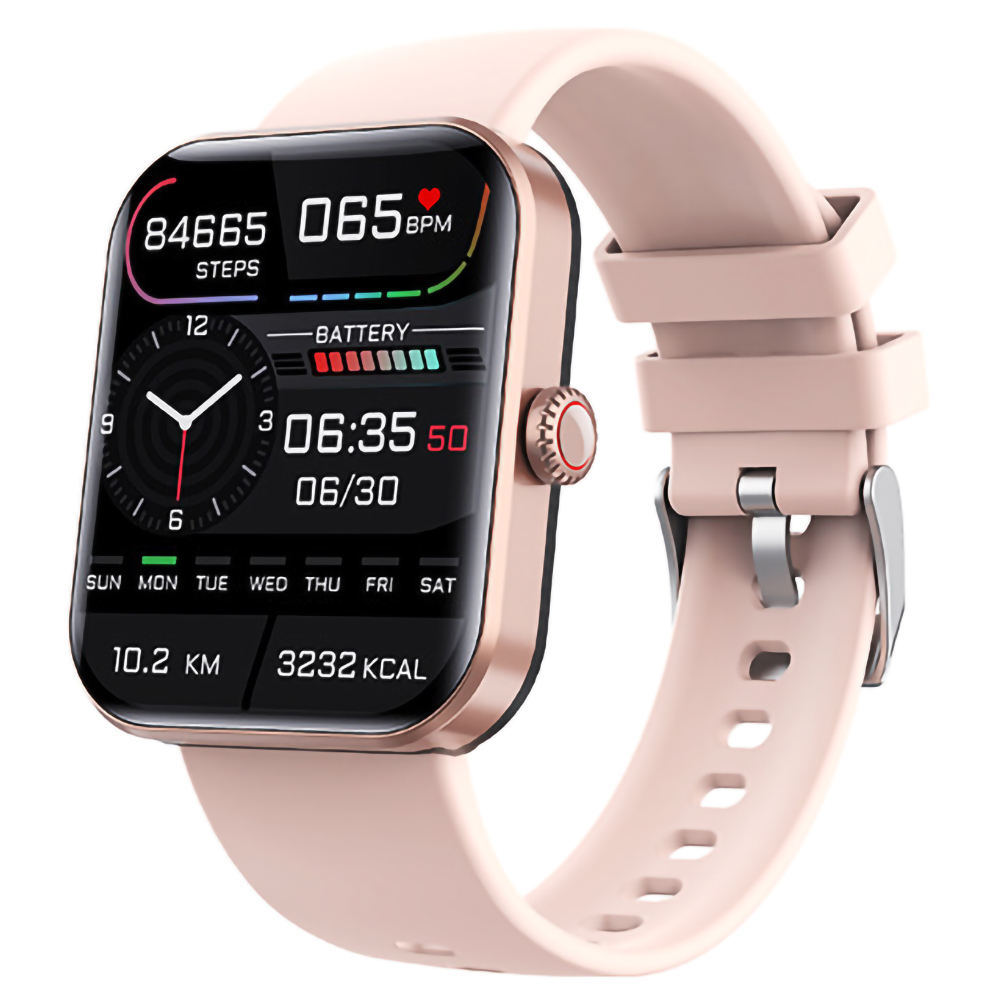 Eine roségoldene Smartwatch zeigt Zeit, Schritte und Gesundheitsdaten an. Die Uhr hat ein rosa Armband und ein digitales Display.