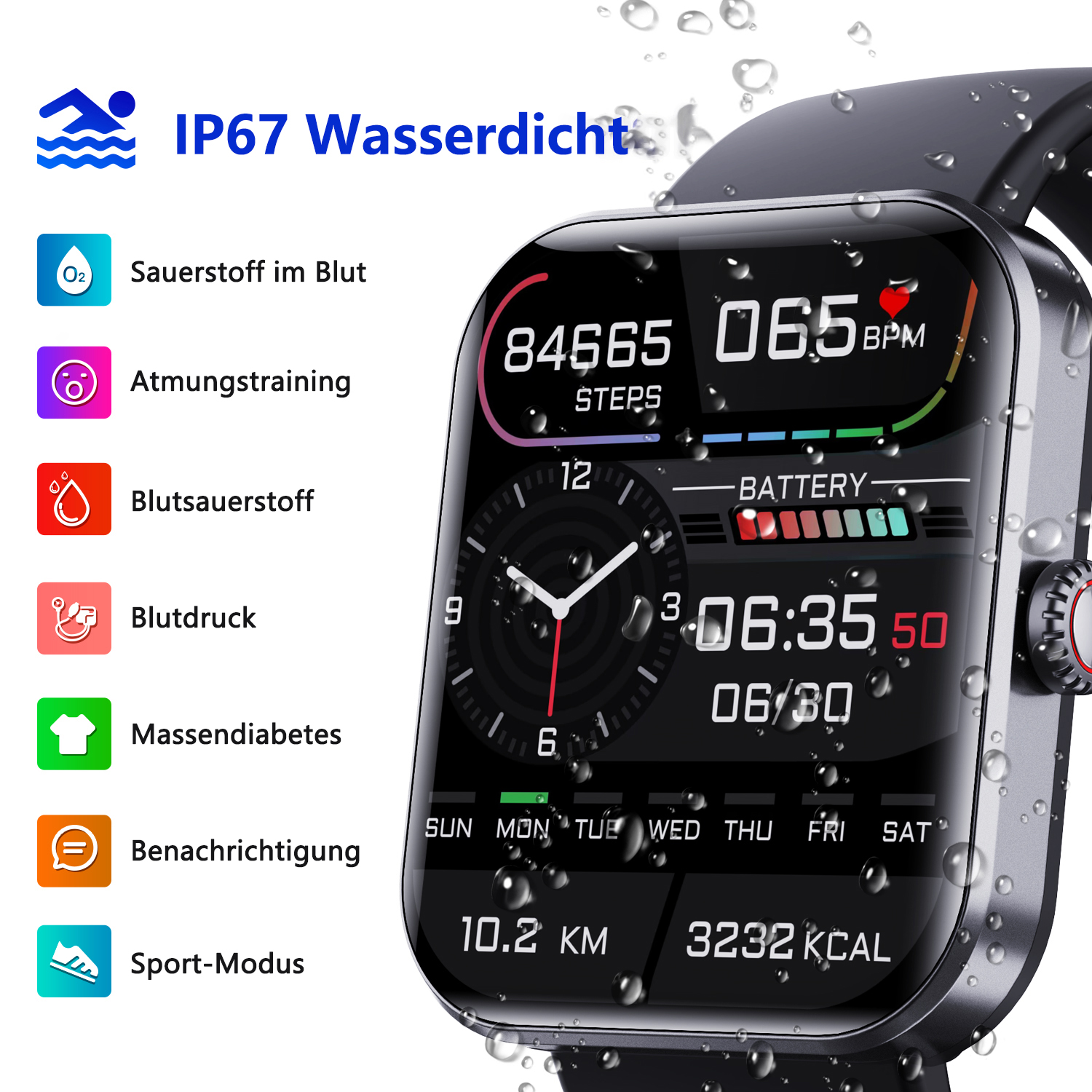 Eine Smartwatch zeigt Gesundheitsmetriken wie Schritte, Herzfrequenz und Akku an. Funktionen umfassen Blutsauerstoff und Sportmodi. Die Uhr ist wasserdicht.