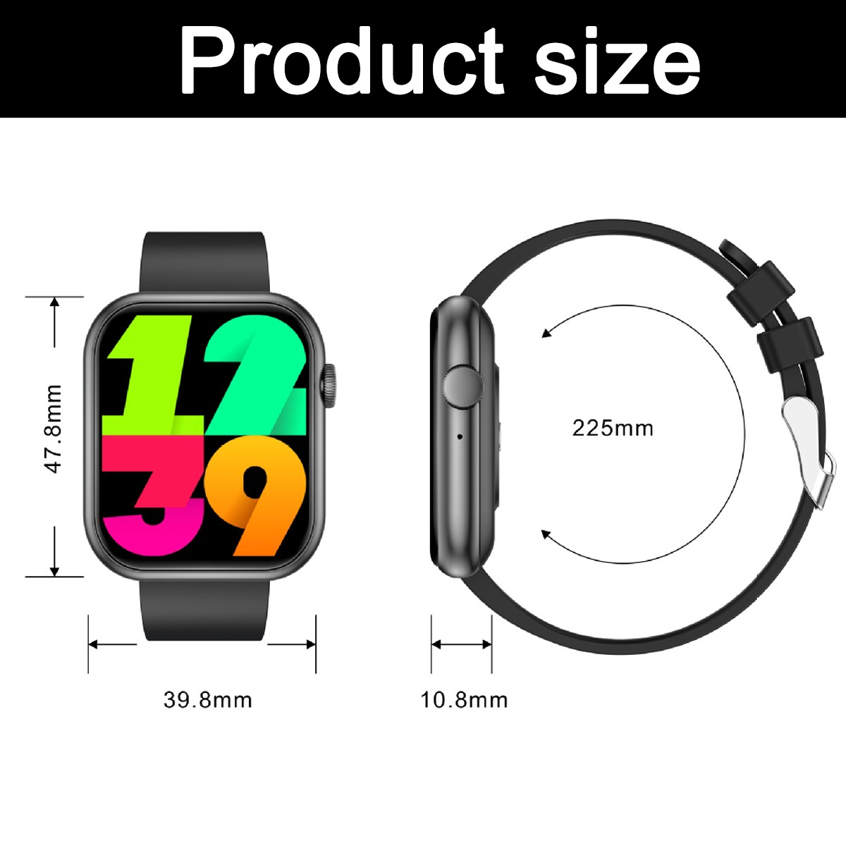 Diagramm, das eine Smartwatch zeigt. Abmessungen und Messungen sind angegeben, einschließlich Bildschirm- und Armbanddetails. Produktgrößeninformationen.