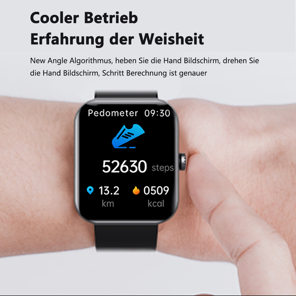 Eine Smartwatch zeigt Schritte, Distanz und Kalorien an. Eine Hand trägt die Uhr. Text oben: 'Cooler Betrieb'.