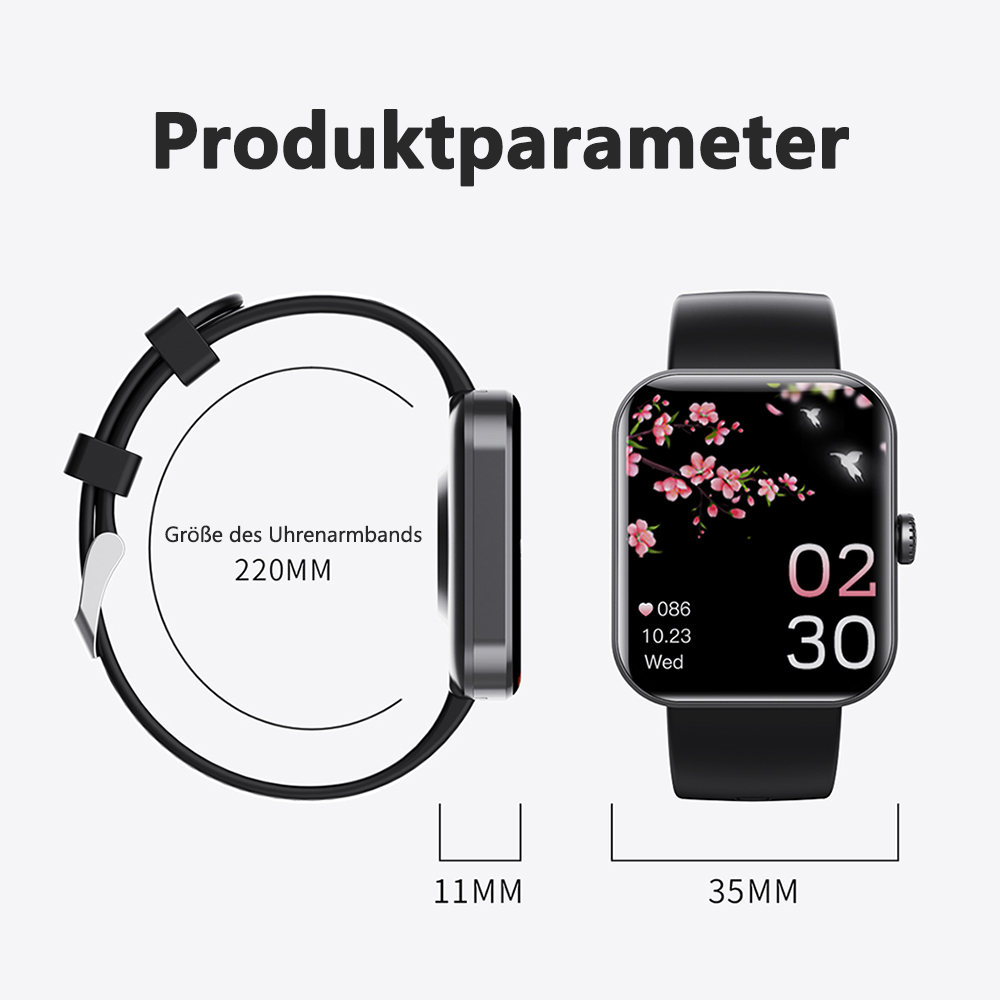 Eine schwarze Smartwatch mit rosa Blumenanzeige, Seitenansicht von Armband und Gehäuse, mit Größenangaben. Text: Produktparameter.