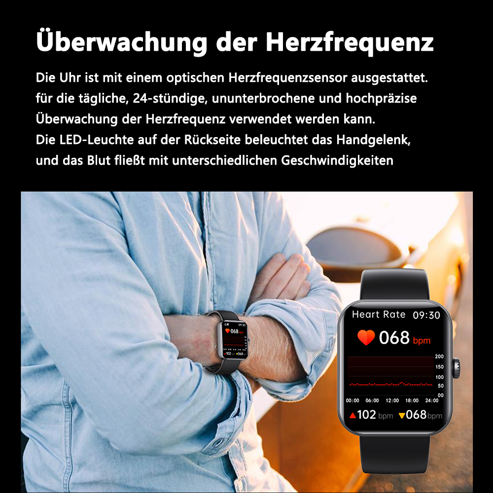Eine Person trägt eine Smartwatch mit Herzfrequenzanzeige. Die Uhr zeigt 68 Schläge pro Minute an. Ein anderer Bildschirm zeigt das Diagramm.