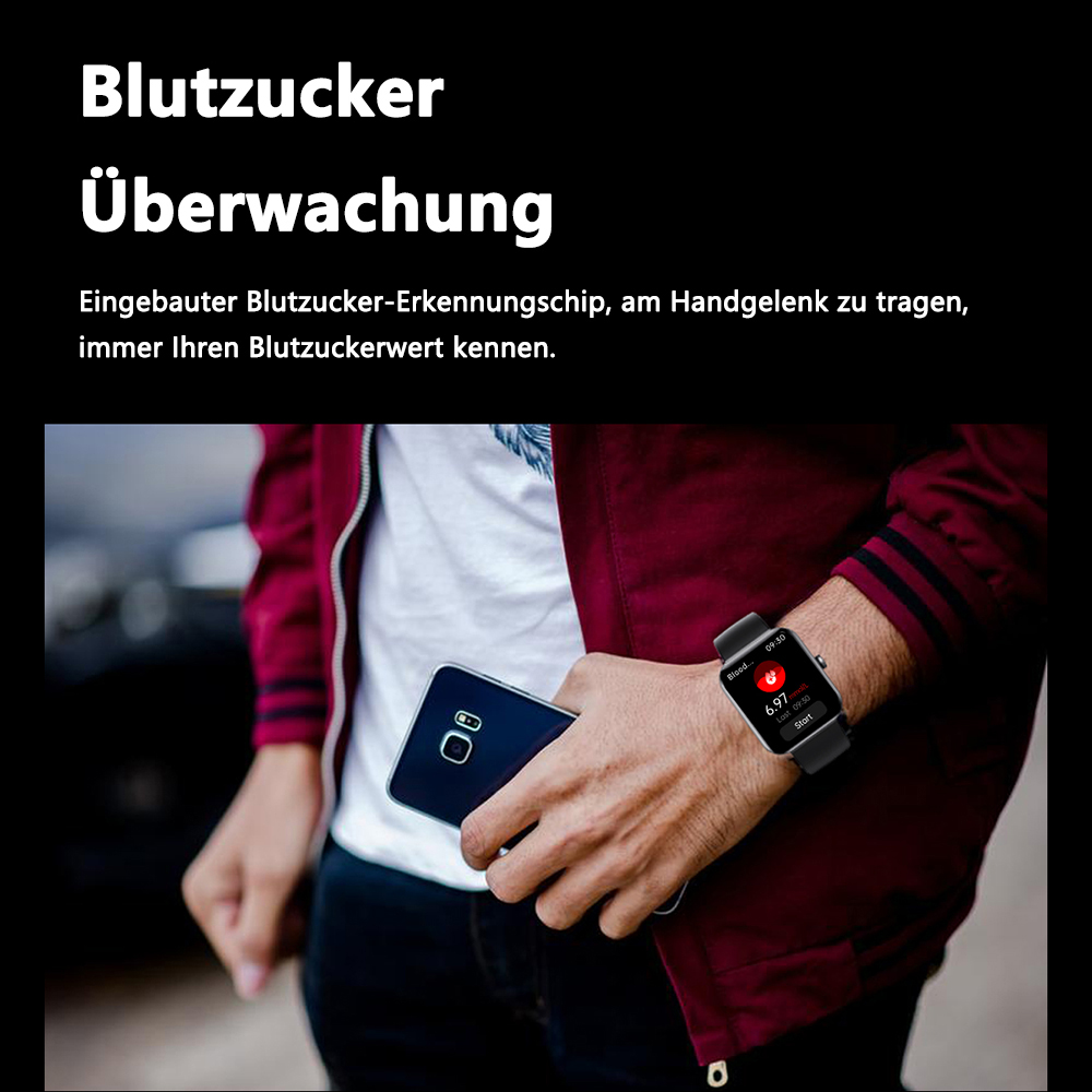 Eine Person trägt eine Smartwatch, die den Blutzuckerspiegel anzeigt. Hält ein Telefon. Text sagt 'Blutzucker Überwachung'.