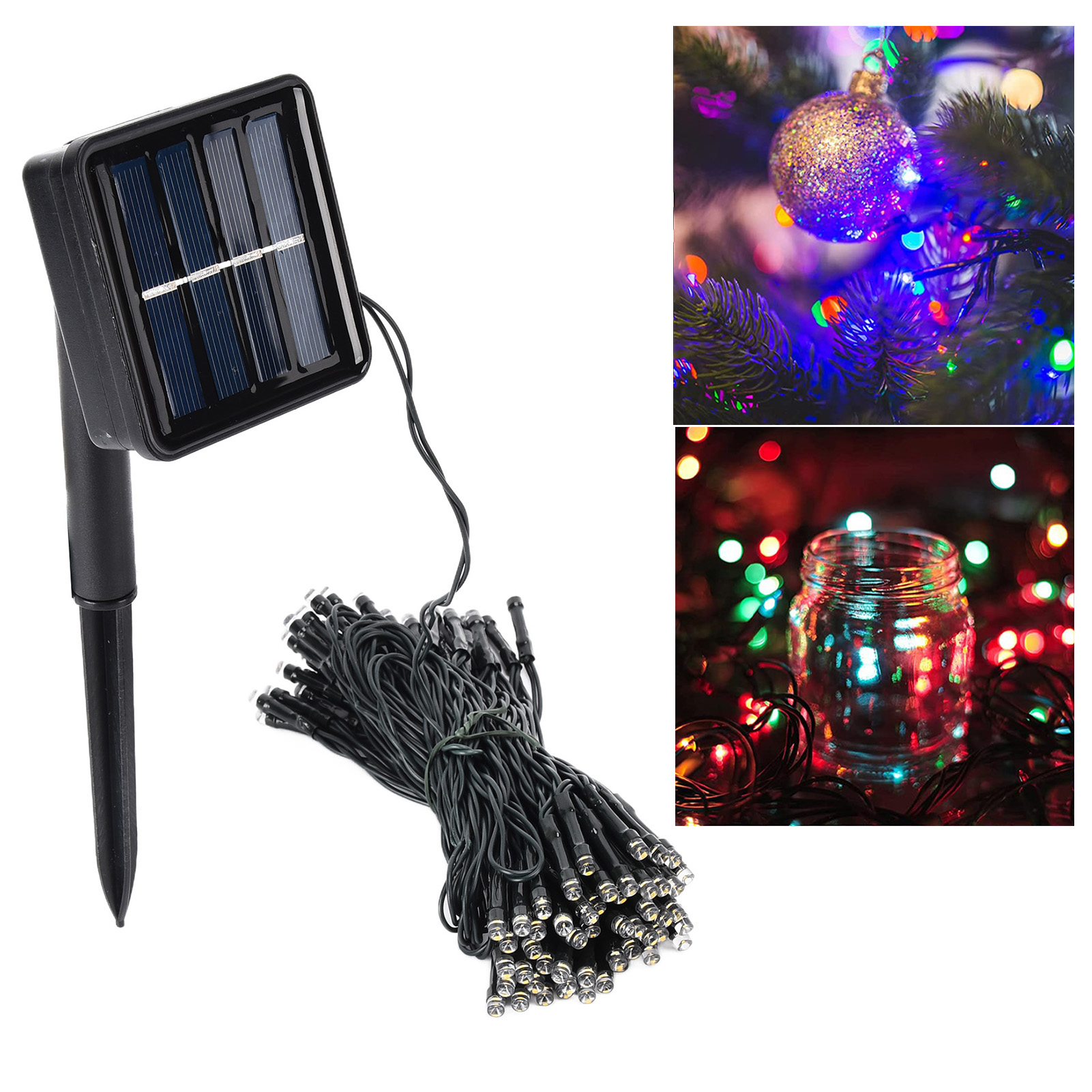 Solarpanel mit Lichterketten. Beinhaltet ein Bündel Lichter und Nahaufnahmen von Baum und Glas mit Lichtern.
