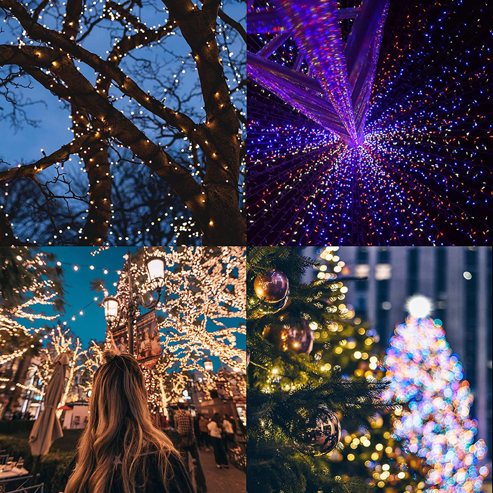 Eine Collage aus 4 Bildern. Weihnachtsbeleuchtung an Bäumen, eine Lichtinstallation, eine Frau, die Lichter betrachtet, und ein Weihnachtsbaum.