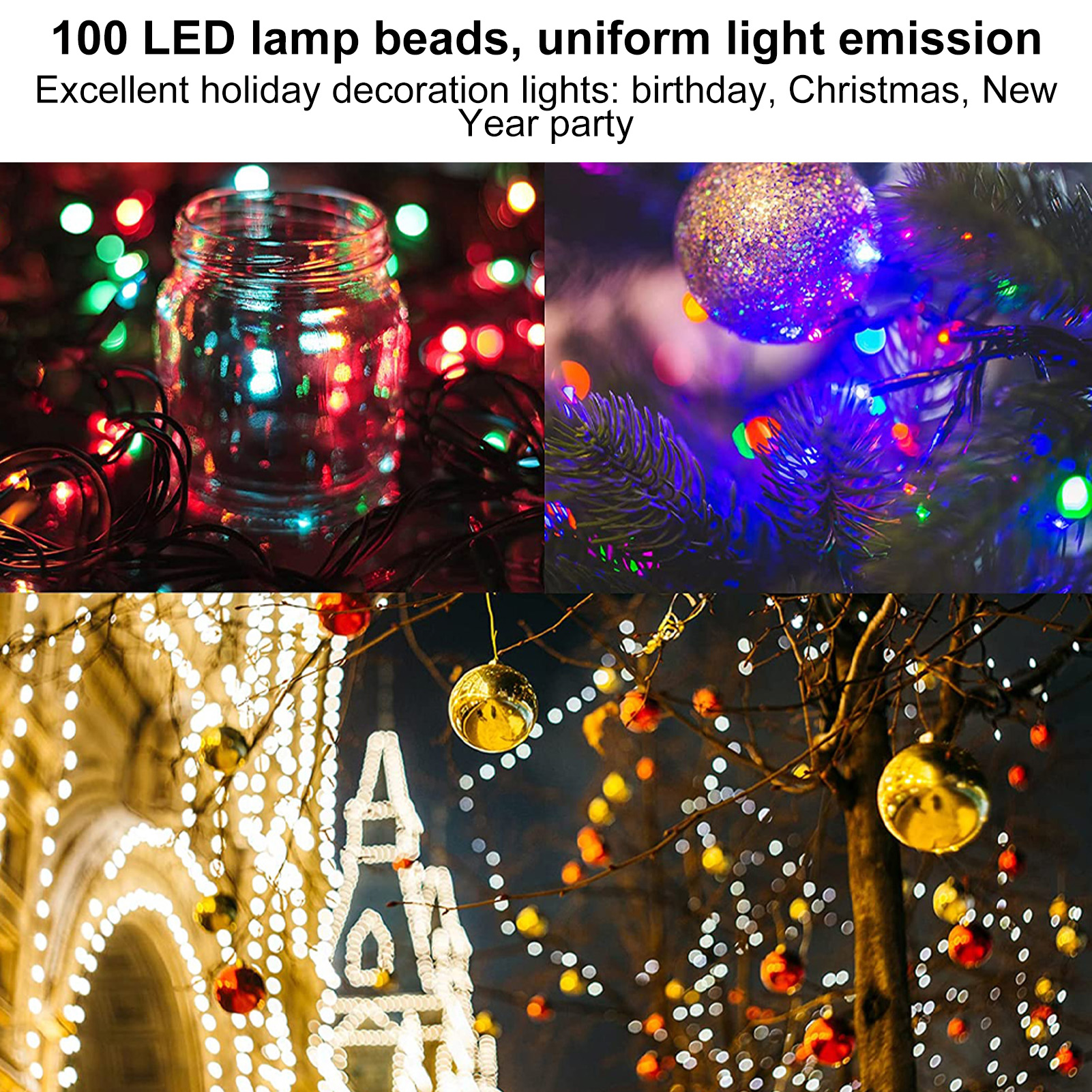Das Bild zeigt Weihnachtslichter, mit einem Glas voller Lichter, einem geschmückten Baum und goldenen Ornamenten.