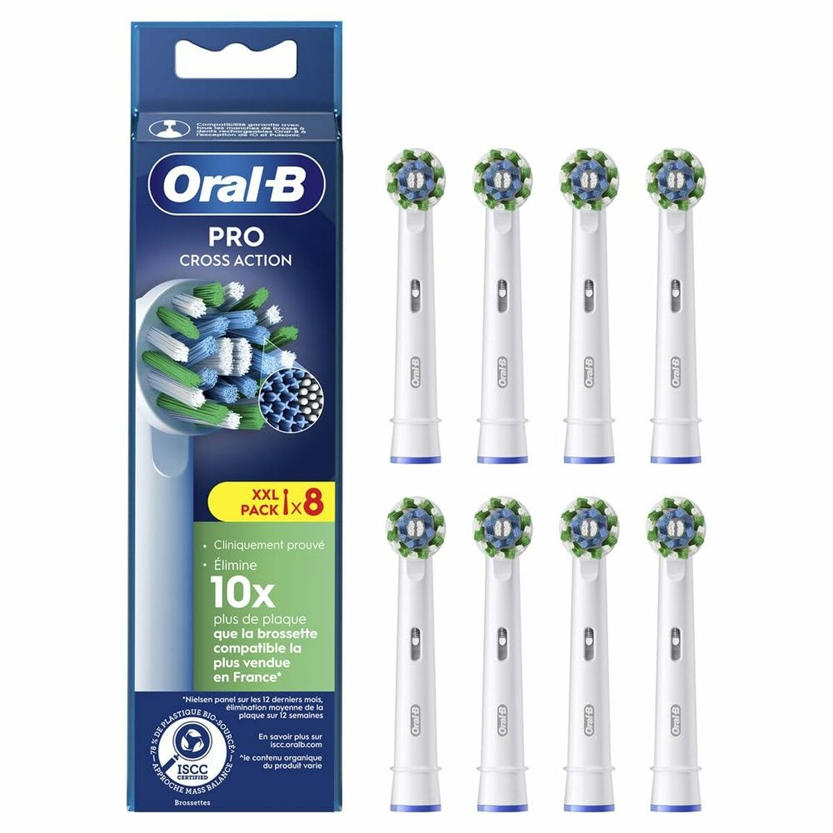 Una scatola di testine per spazzolino Oral-B con otto testine di ricambio. La scatola è blu e bianca. Le testine sono bianche e hanno setole verdi e blu.