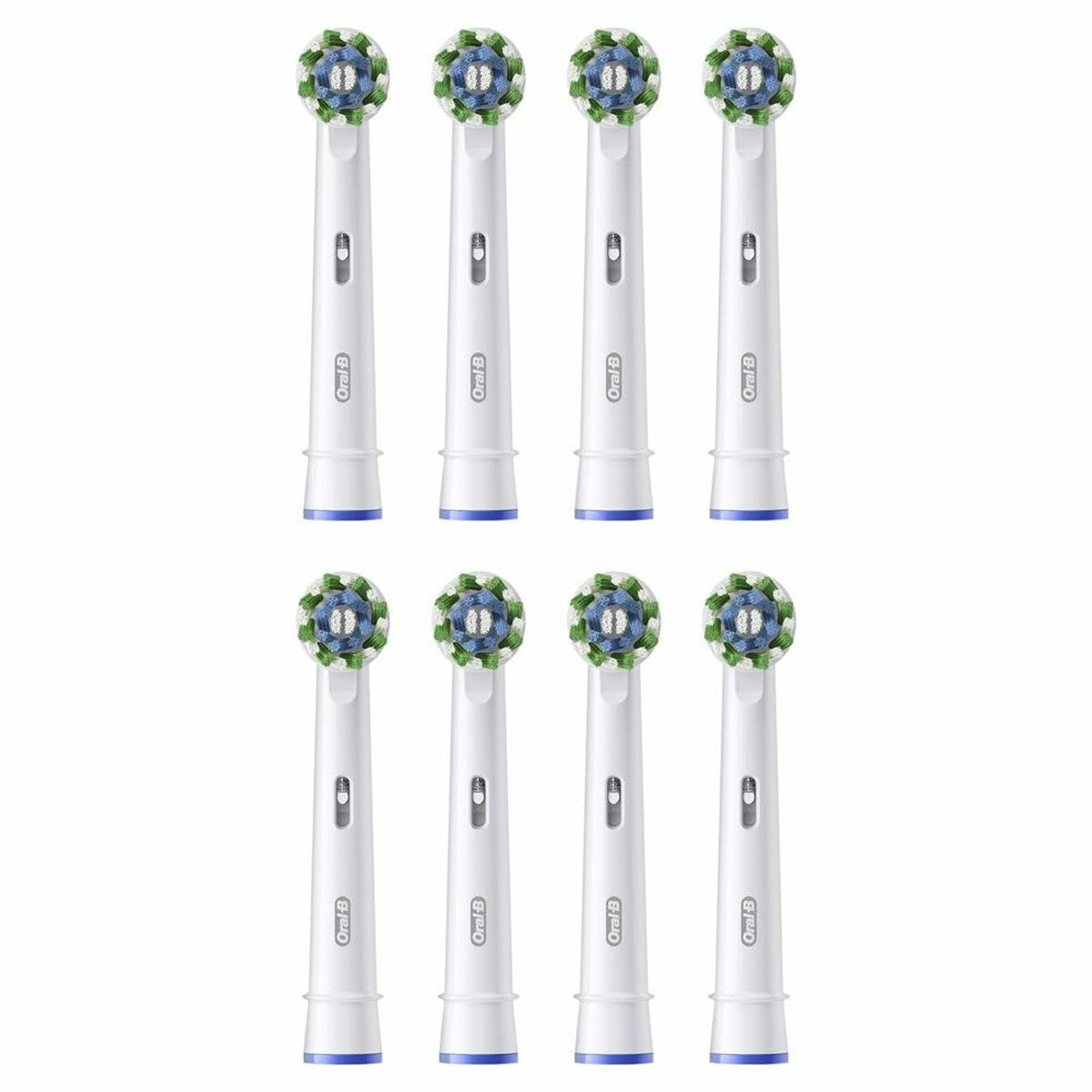 Otto testine per spazzolino Oral-B bianche sono disposte in due file da quattro. Ogni testina ha una base blu e setole verdi e blu.