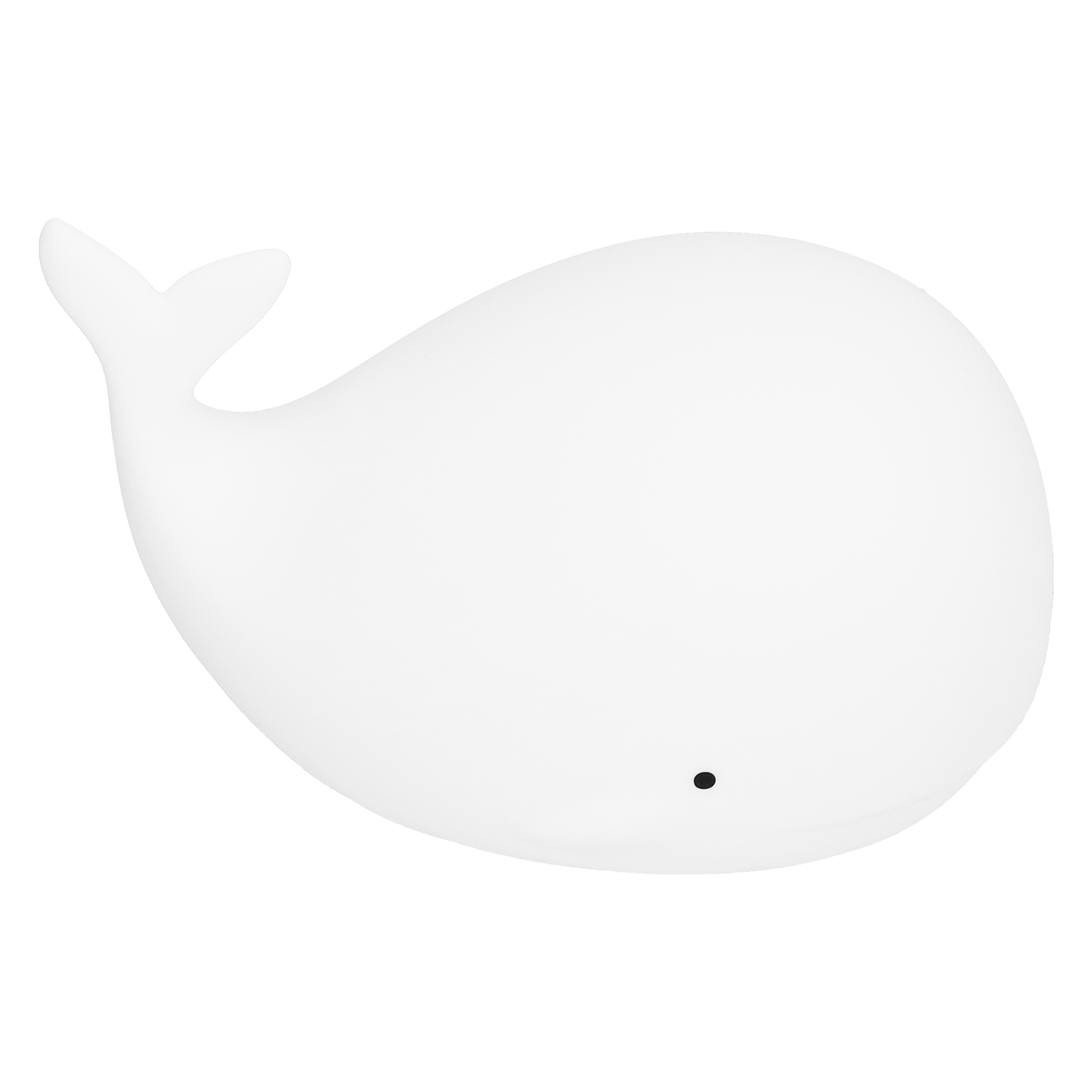 Eine weiße Wal-förmige Lampe auf weißem Hintergrund. Sie hat einen kleinen schwarzen Punkt als Auge.