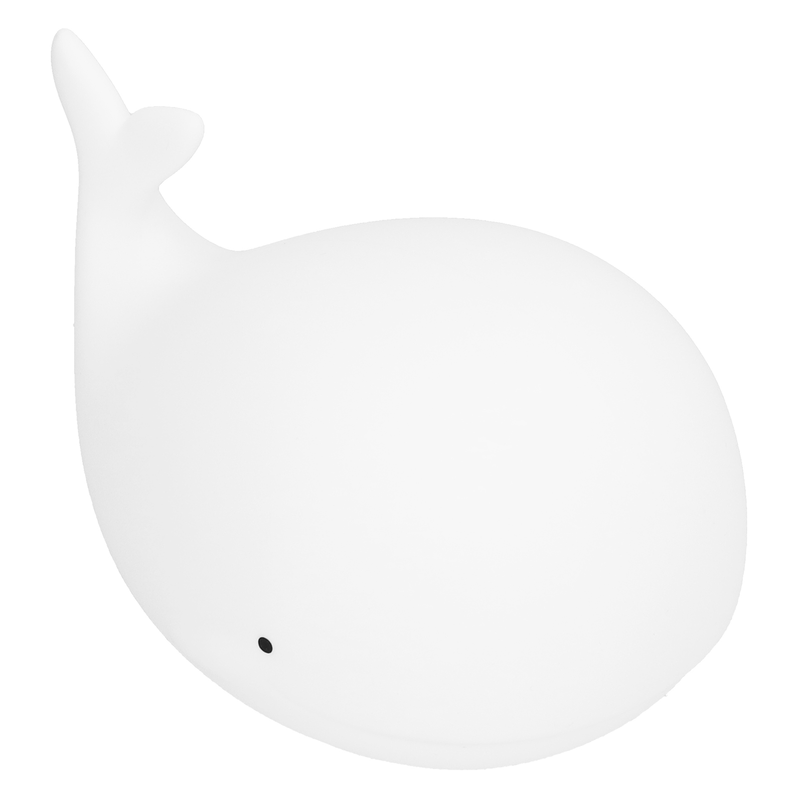 Ein weißes Wal-Nachtlicht mit einem kleinen schwarzen Punkt. Es hat eine Flosse und einen Schwanz vor weißem Hintergrund.