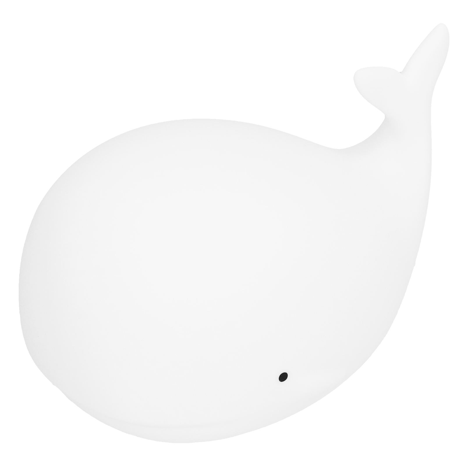 Eine weiße, walförmige Lampe mit einem schwarzen Augendetail. Die Lampe ist glatt und steht vor einem weißen Hintergrund.