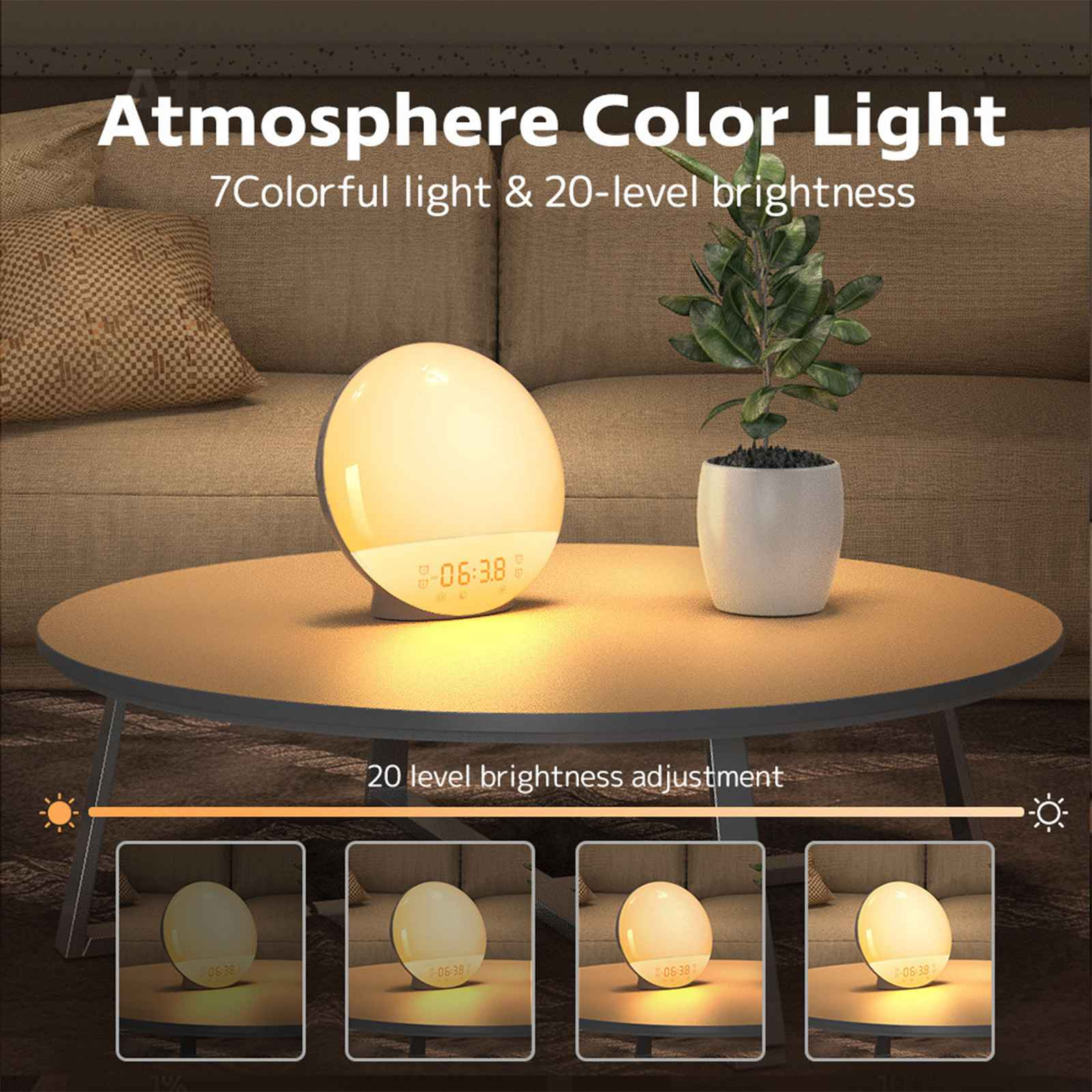 Ein Tisch mit einer leuchtenden Nachttischlampe und einer Pflanze. Die Lampe zeigt die Uhrzeit an. Text: 'Atmosphäre Farblicht'.
