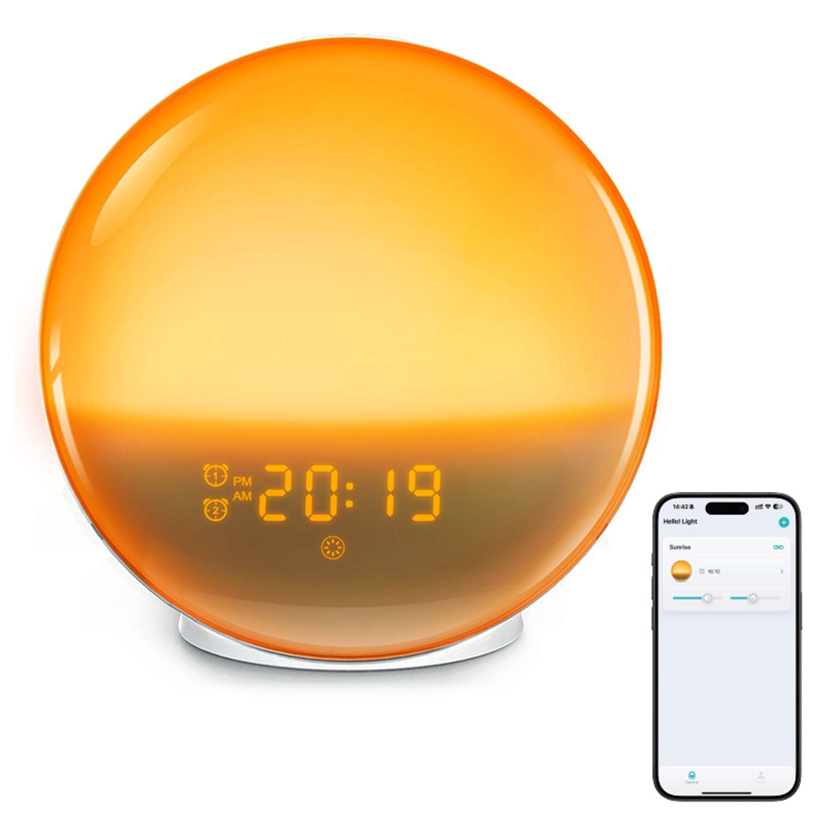 Ein oranger Sonnenaufgangs-Wecker zeigt 20:19 an. Ein Smartphone zeigt Einstellungen für einen Sonnenaufgangseffekt.