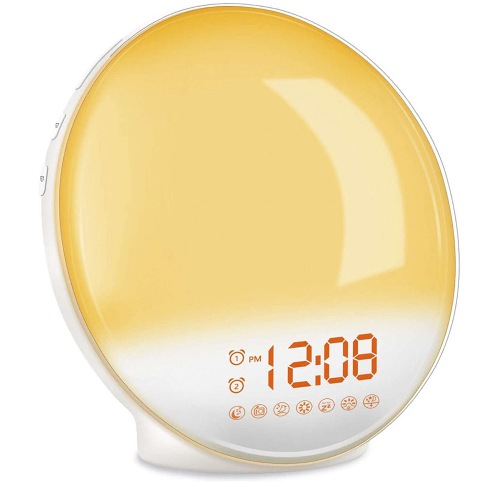 Ein weißer und gelber Sonnenaufgang-Wecker, der 12:08 PM anzeigt. Er hat ein rundes Design mit Knöpfen und Symbolen an der Basis.