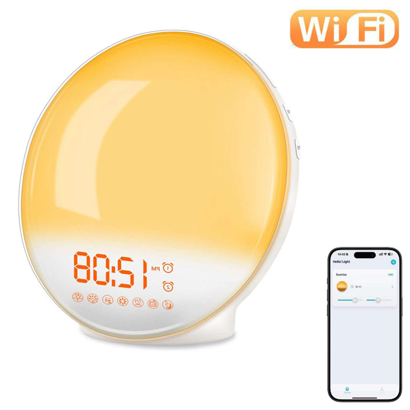 Ein weißer und orangefarbener Sonnenaufgangs-Wecker zeigt die Uhrzeit an und hat ein Smartphone mit Einstellungen. Oben rechts ist ein WLAN-Logo.