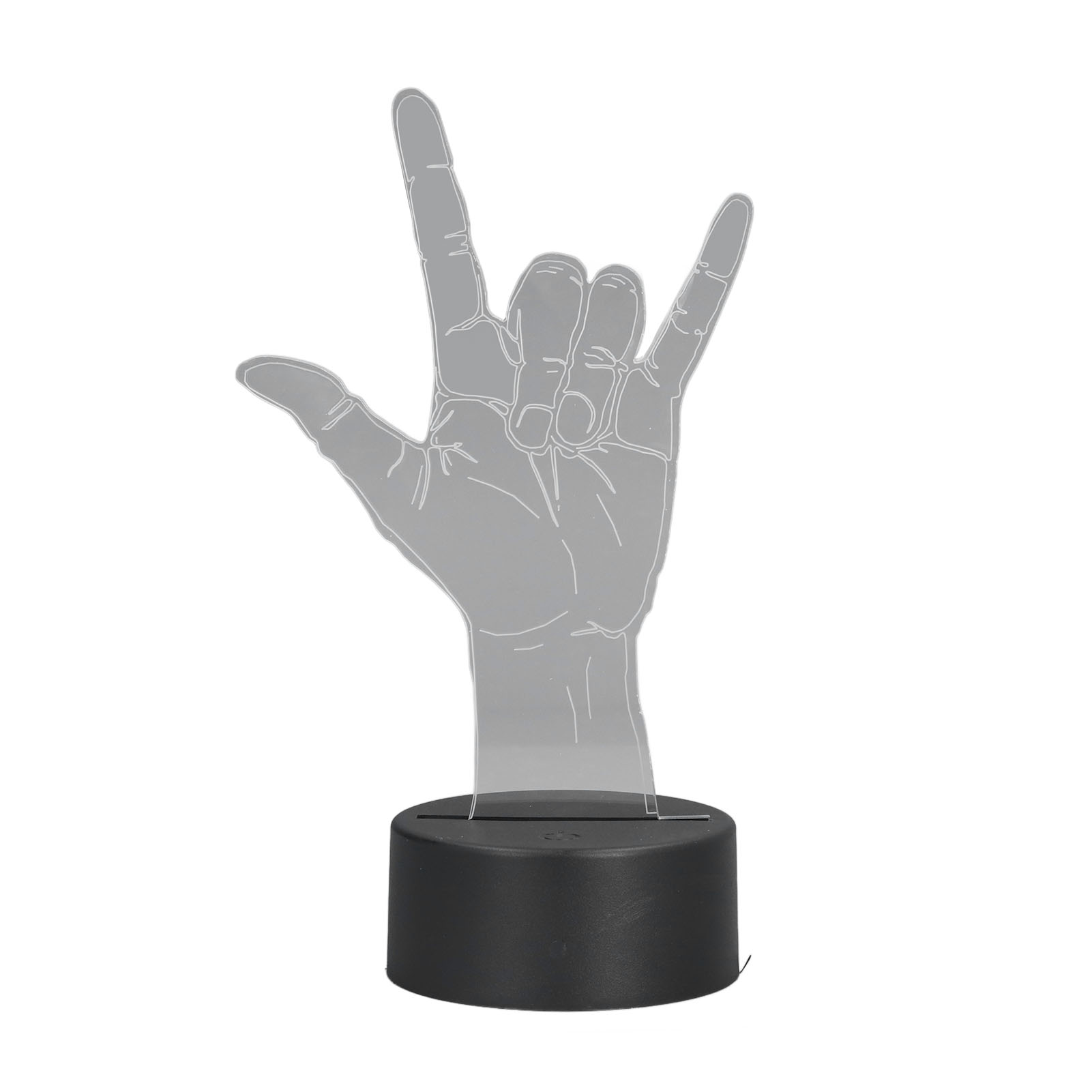 Eine Hand in Rock'n'Roll-Geste wird in einem 3D-Licht dargestellt. Die Basis ist schwarz, der Hintergrund weiß.