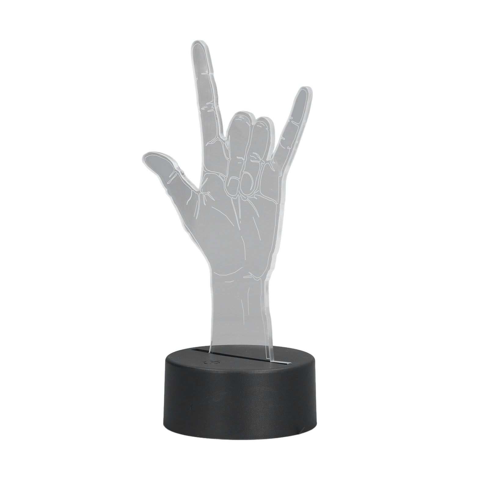 Eine handförmige Lichtskulptur mit dem Zeichen 'Ich liebe dich'. Sie ist hellgrau, mit schwarzem Sockel, auf weißem Hintergrund.