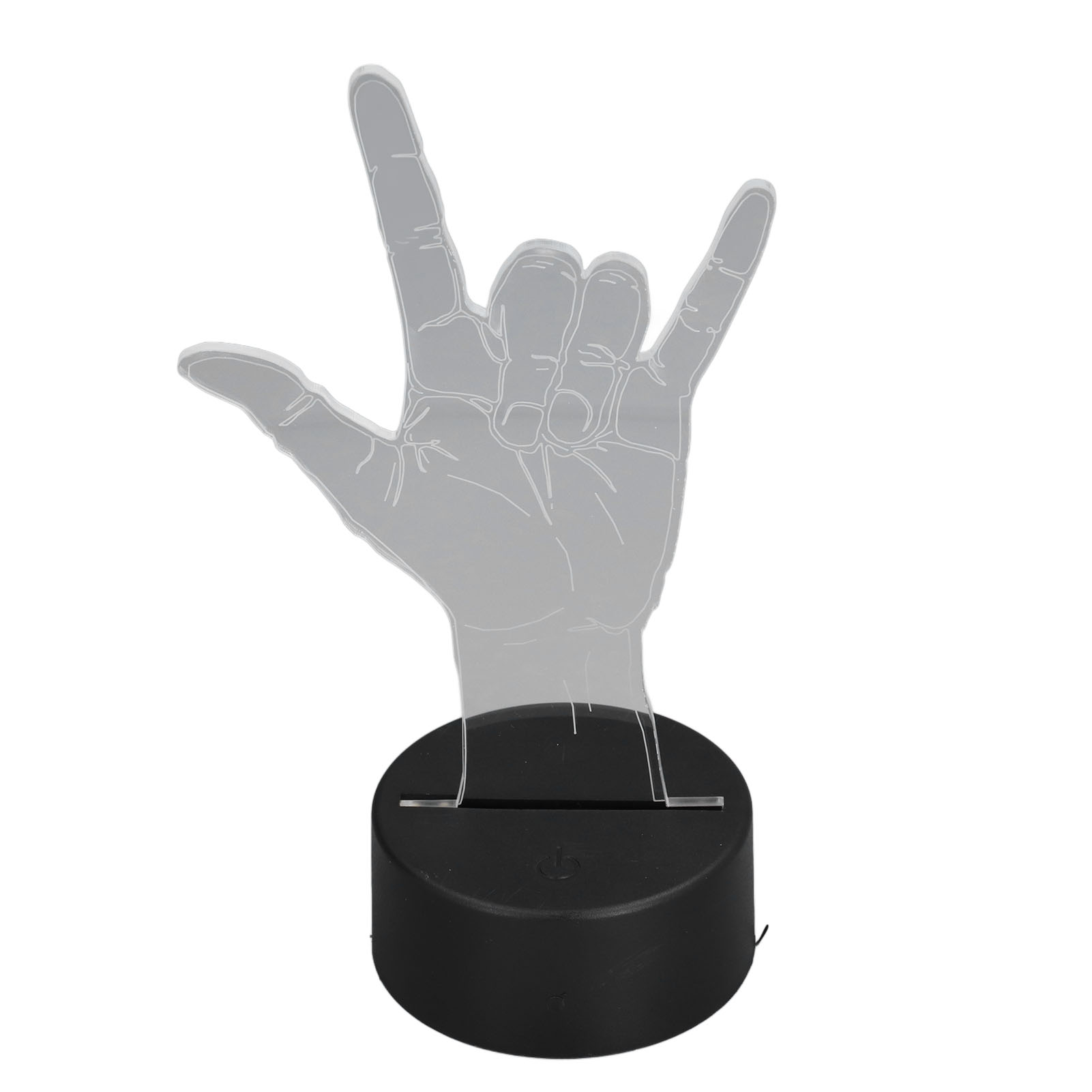 Eine Hand, die eine „Ich liebe dich“-Geste macht, aus transparentem Material auf einem schwarzen Sockel mit einem Ein/Aus-Symbol.