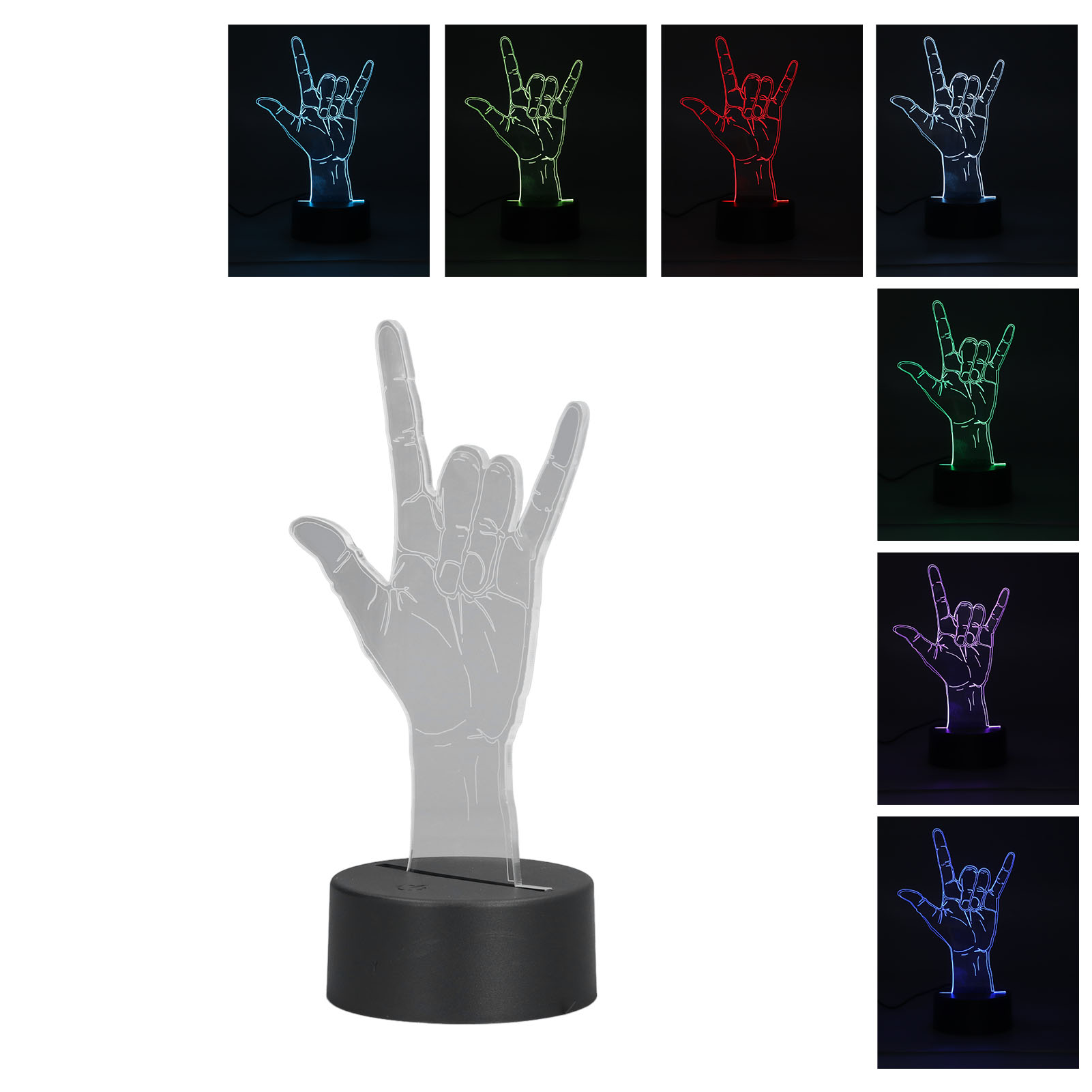 Ein Handgestenlicht, das das Rock-on-Zeichen zeigt. Es hat einen runden Sockel und eine klare Handform.