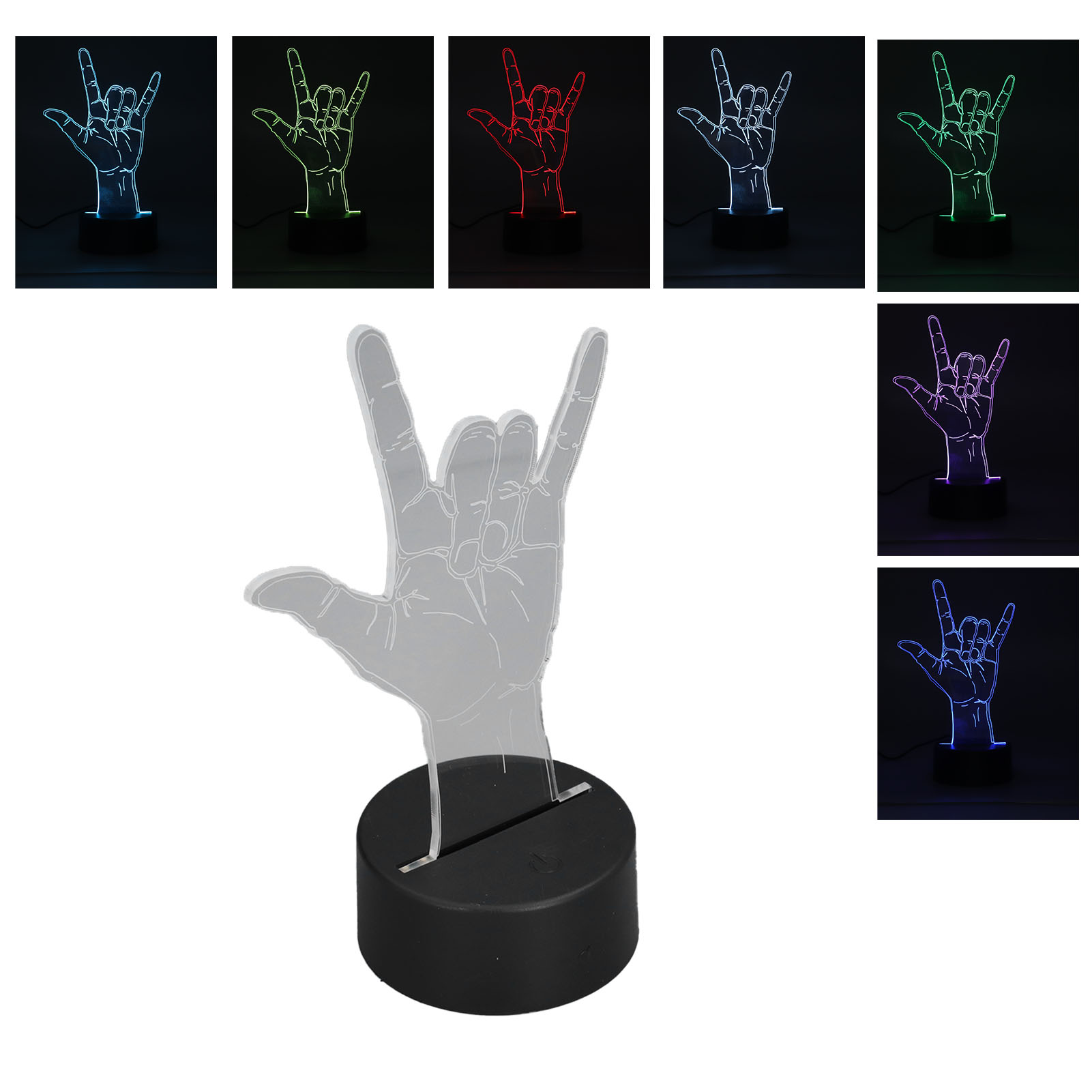 Eine Handgestenlampe mit ausgestrecktem Zeige- und kleinem Finger. Schwarzer Sockel, verschiedene Lichtfarben.