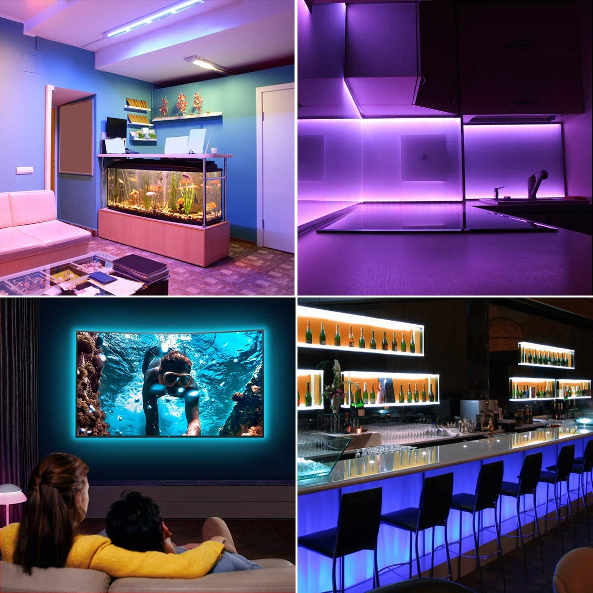 Vier Bilder: ein Wohnzimmer mit Aquarium, eine Küche mit violetten Lichtern, ein Paar, das fernsieht, und eine Bar.