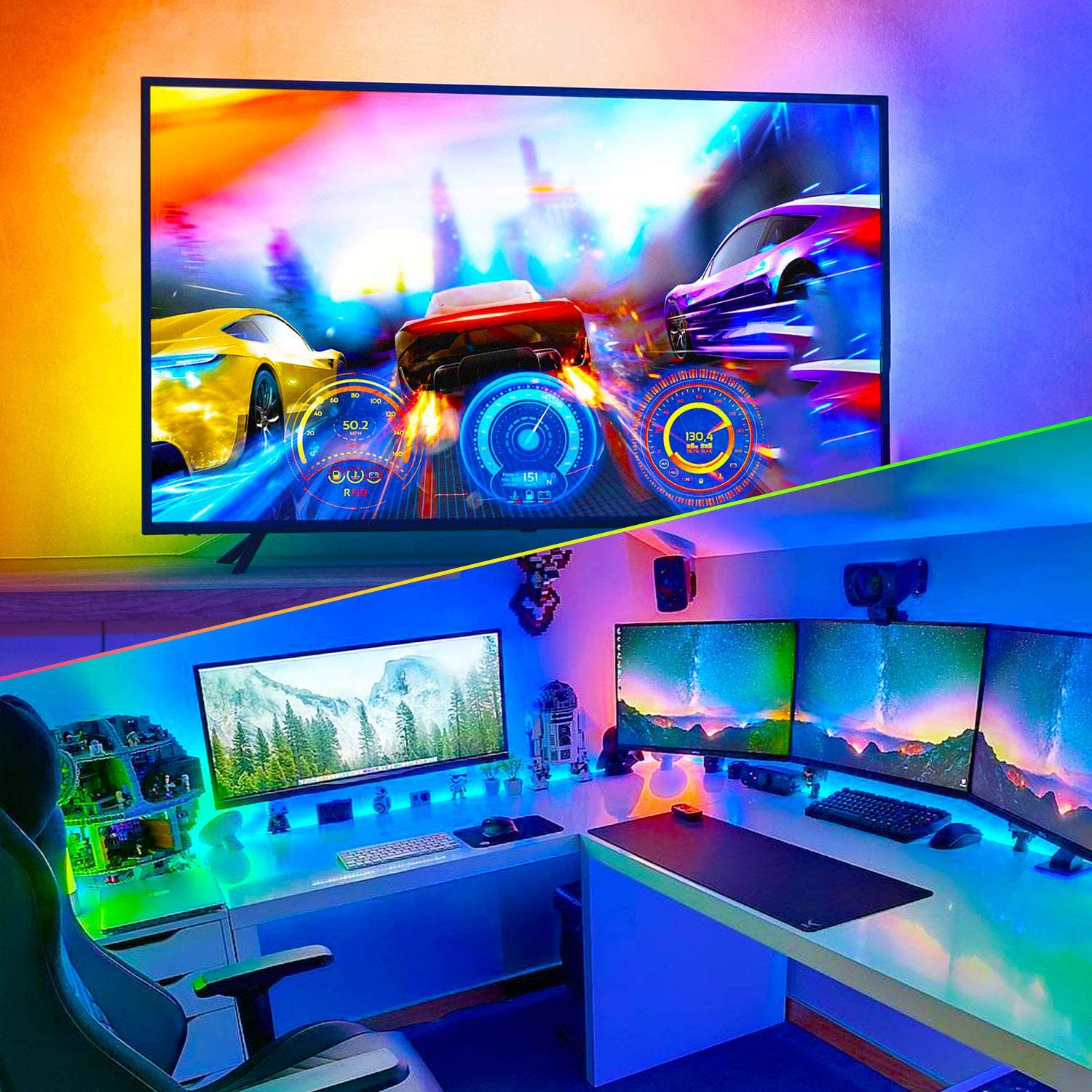 Gaming-Setup mit großem Fernseher, der ein Rennspiel zeigt. Ein Schreibtisch mit Monitoren, Tastatur, Maus und Umgebungsbeleuchtung. Rennwagen auf dem Bildschirm.