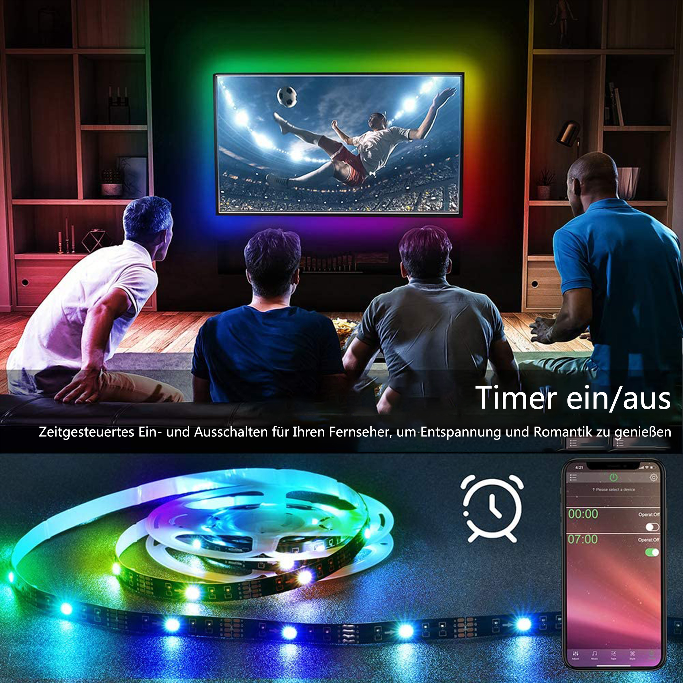 Vier Männer schauen ein Fußballspiel im Fernsehen. LED-Streifen und Telefon mit Timerfunktion sind im Vordergrund.