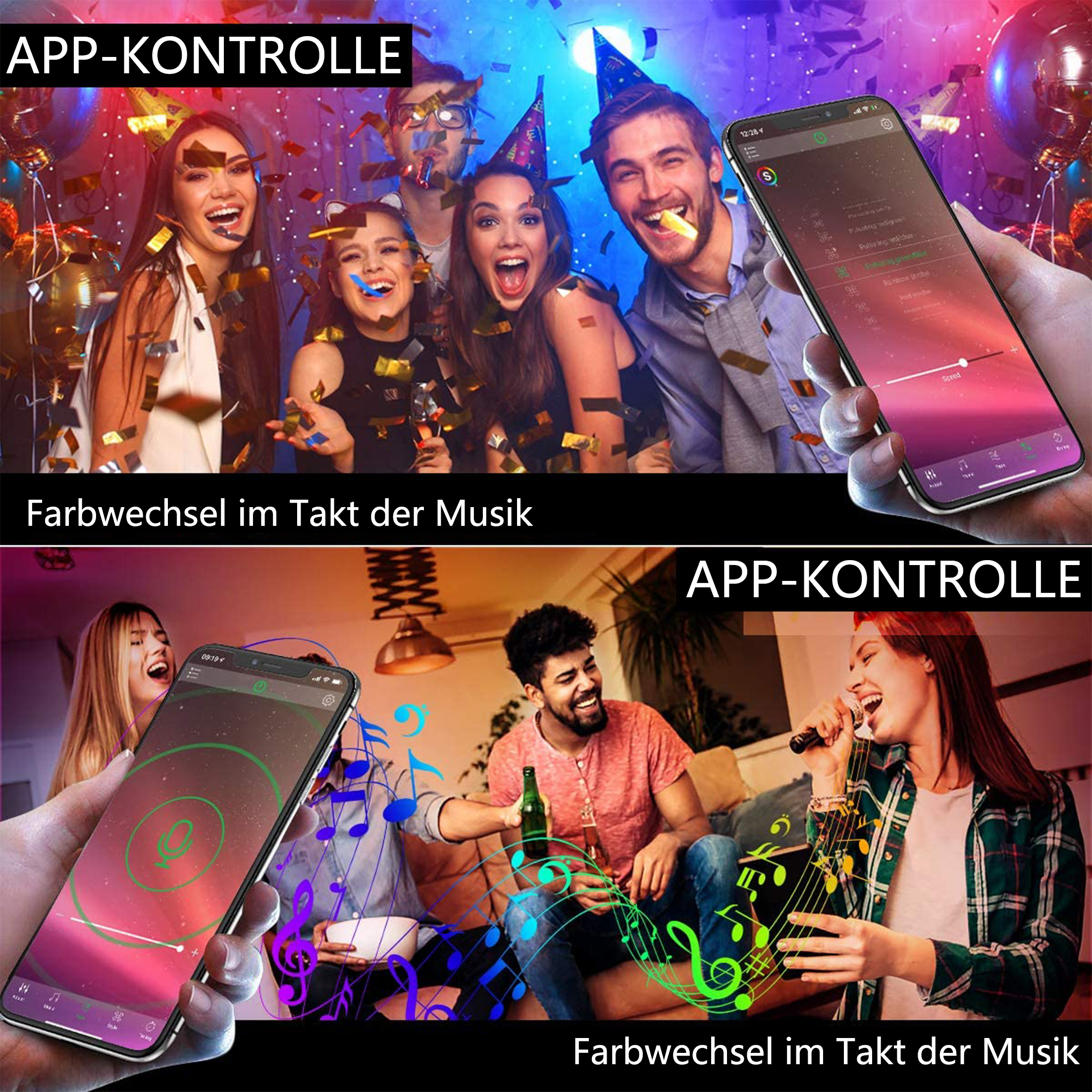 Partyszene. Menschen feiern mit Konfetti und Handys mit Musik-App-Steuerung. Farbwechselnde Lichter werden ebenfalls gezeigt.
