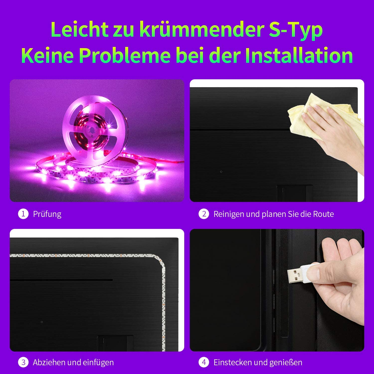 Anleitung zur Installation von LED-Streifen, die Schritte zeigen: Prüfen, Reinigen, Auftragen und Anschließen. Jeder Schritt ist bebildert.