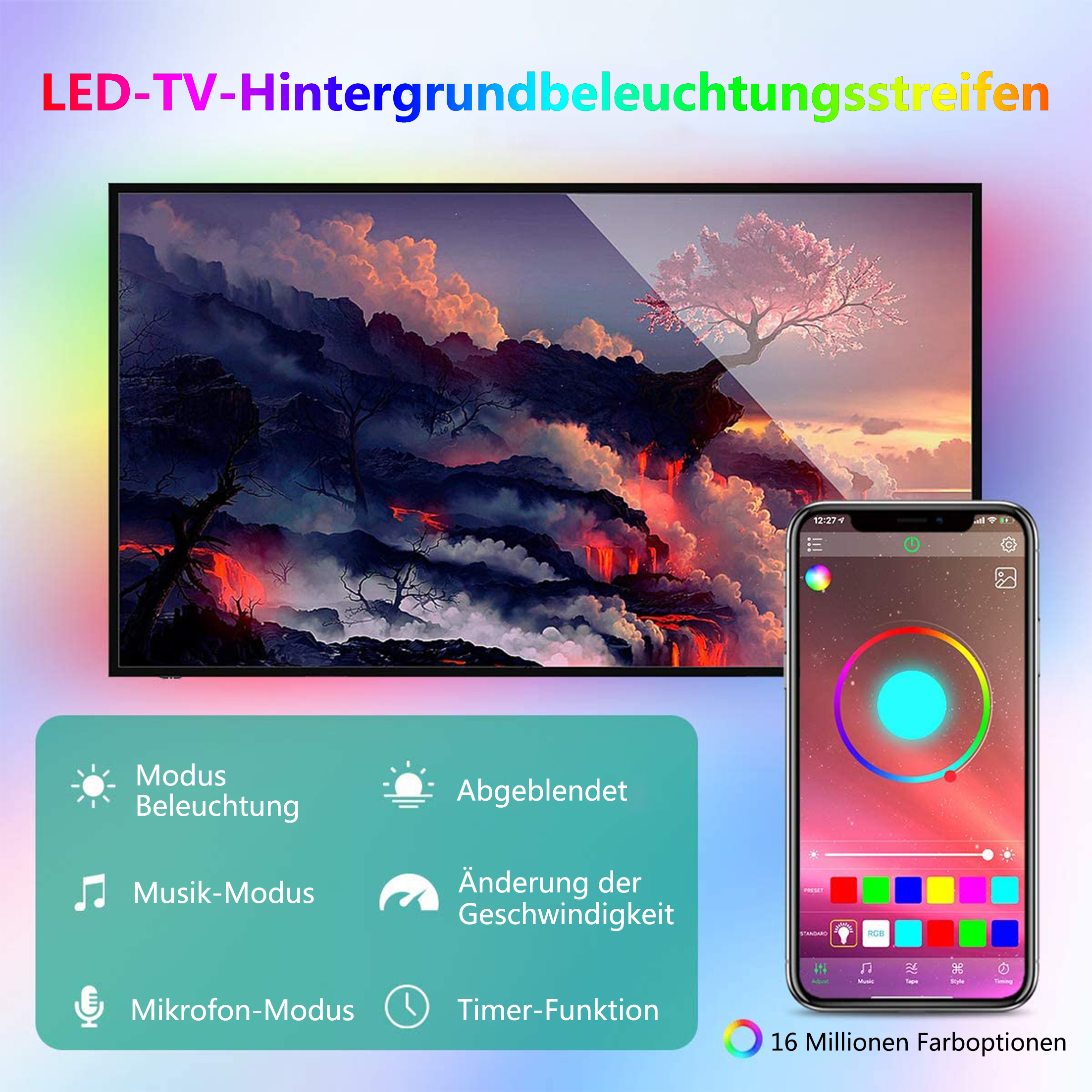 TV mit LED-Streifen, Telefon-App steuert Farben. Landschaftsszene auf dem Bildschirm. Optionen für Musik, Timer und mehr.