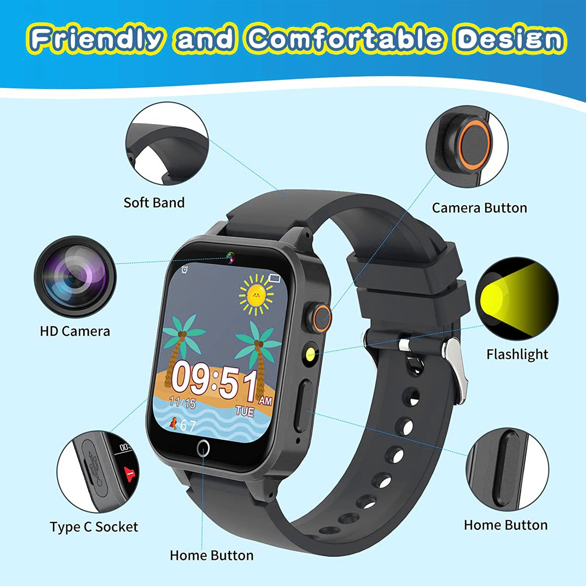 Eine schwarze Smartwatch mit Touchscreen, der Zeit, Palmen und Sonne anzeigt. Merkmale sind Kamera, Tasten und weiches Armband.