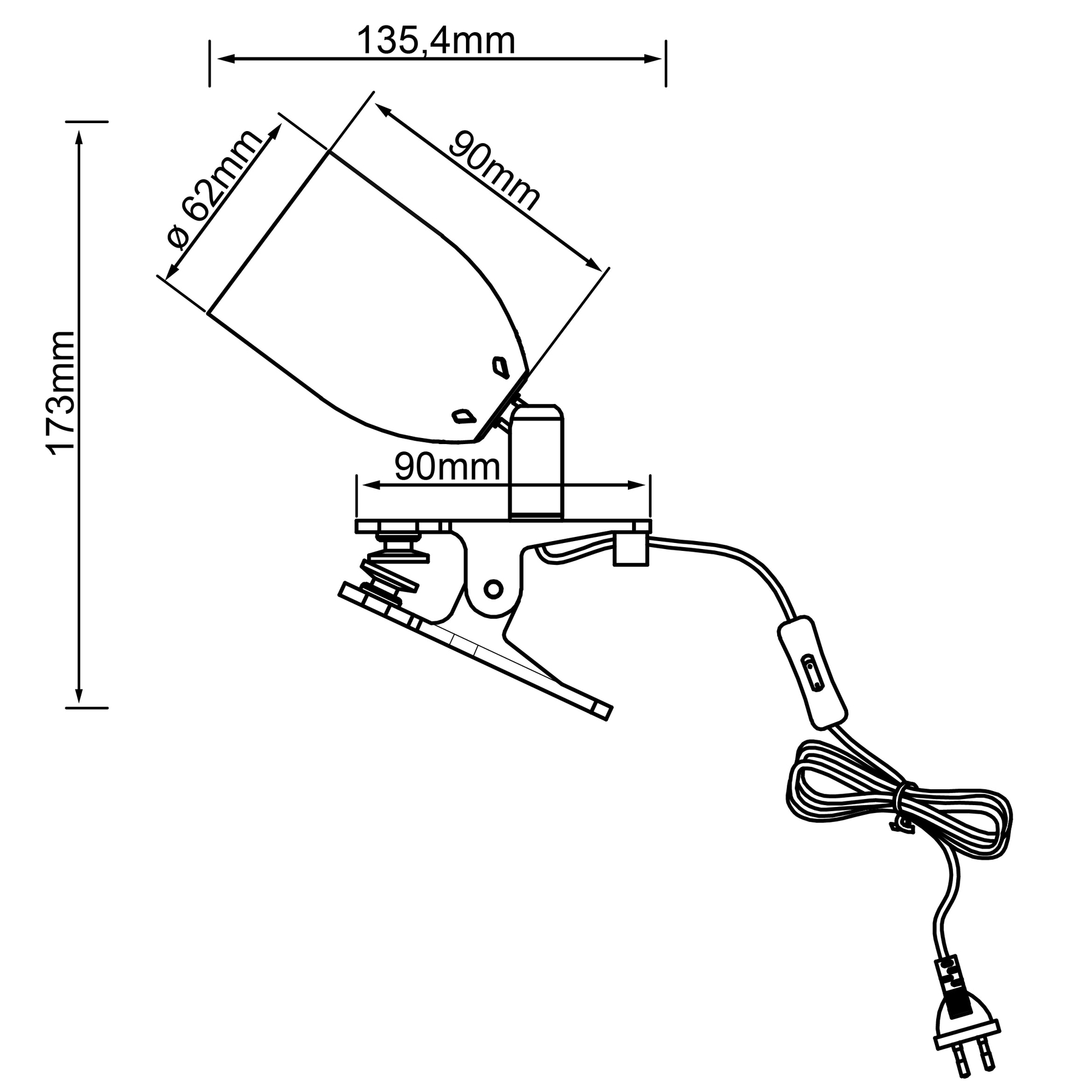Technische Zeichnung einer Lampe. Sie zeigt Abmessungen von 173 mm, 135,4 mm und 62 mm. Die Lampe hat einen Clip und ein Netzkabel.
