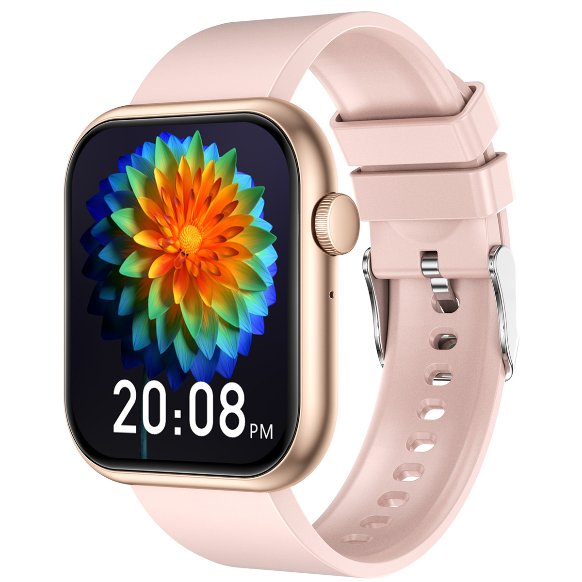 Eine Smartwatch mit goldenem Gehäuse und pinkfarbenem Armband. Der Bildschirm zeigt ein farbenfrohes Blumenbild und die Uhrzeit 20:08 Uhr an.