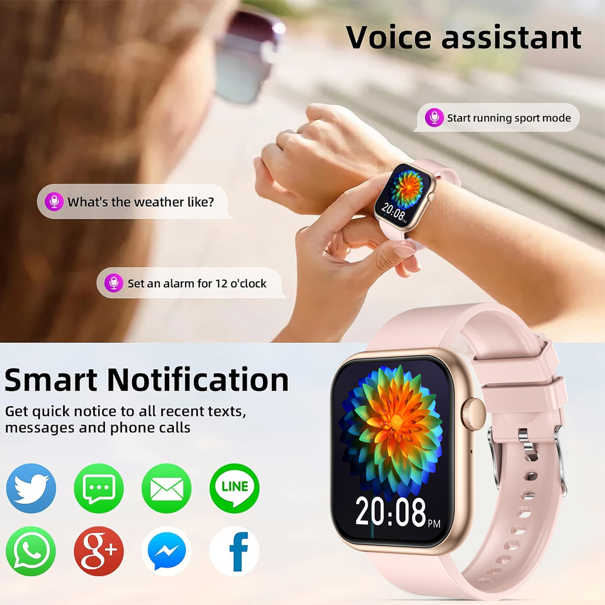 Eine Person trägt eine rosa Smartwatch, die die Uhrzeit anzeigt. Textblasen zeigen Optionen für den Sprachassistenten. Symbole für Social-Media-Apps.