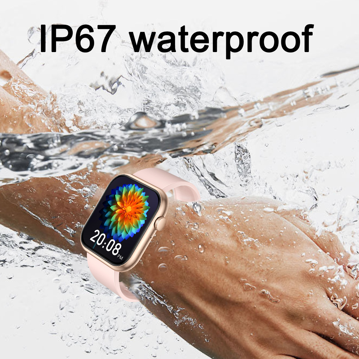 Eine Smartwatch im Wasser. Die Uhr hat einen goldfarbenen Rahmen und ein rosa Armband. Das Display zeigt ein farbenfrohes Blumendesign.