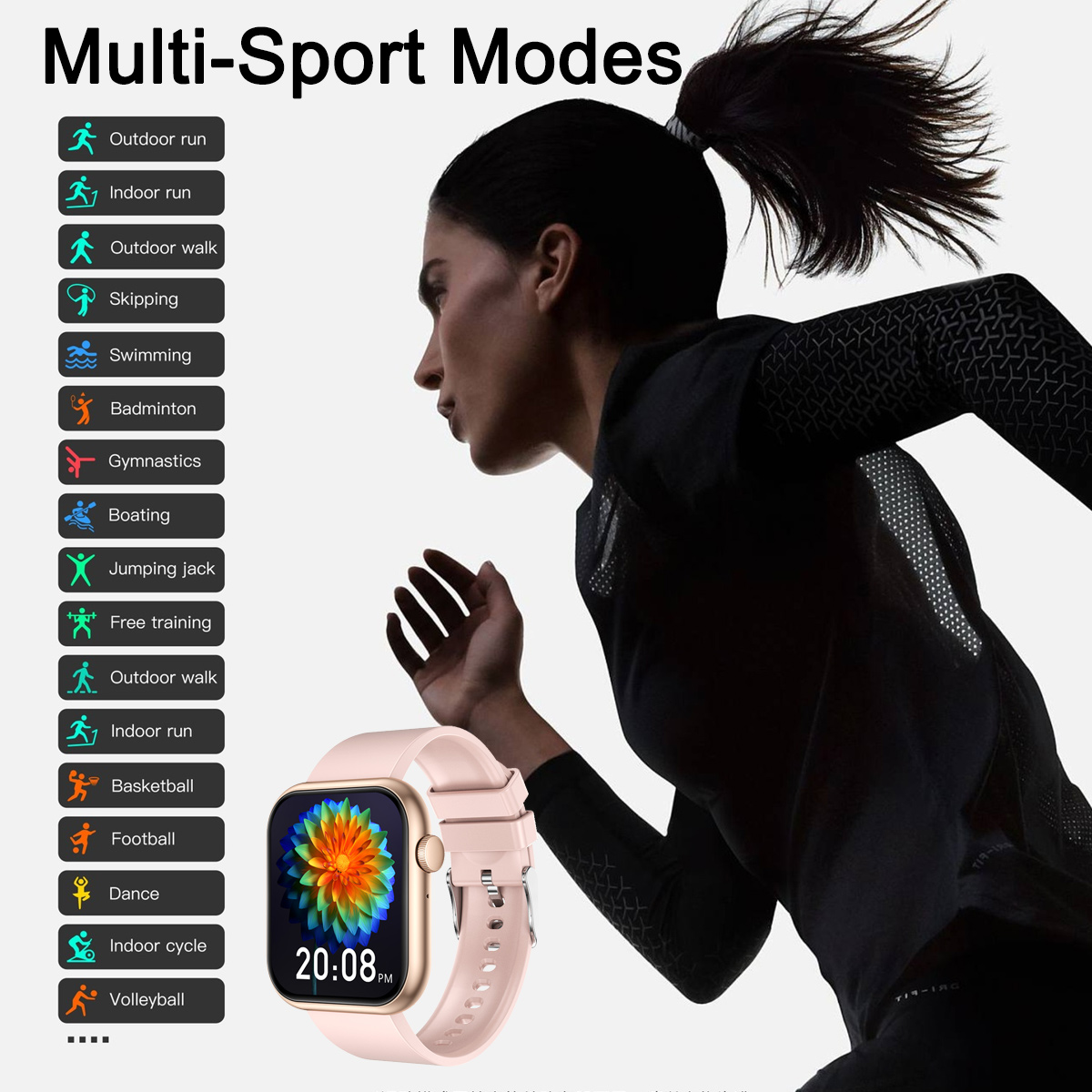 Läuferin mit Smartwatch. Zeigt Multisport-Modi: Laufen, Schwimmen, Radfahren usw. Uhr zeigt 20:08 Uhr.