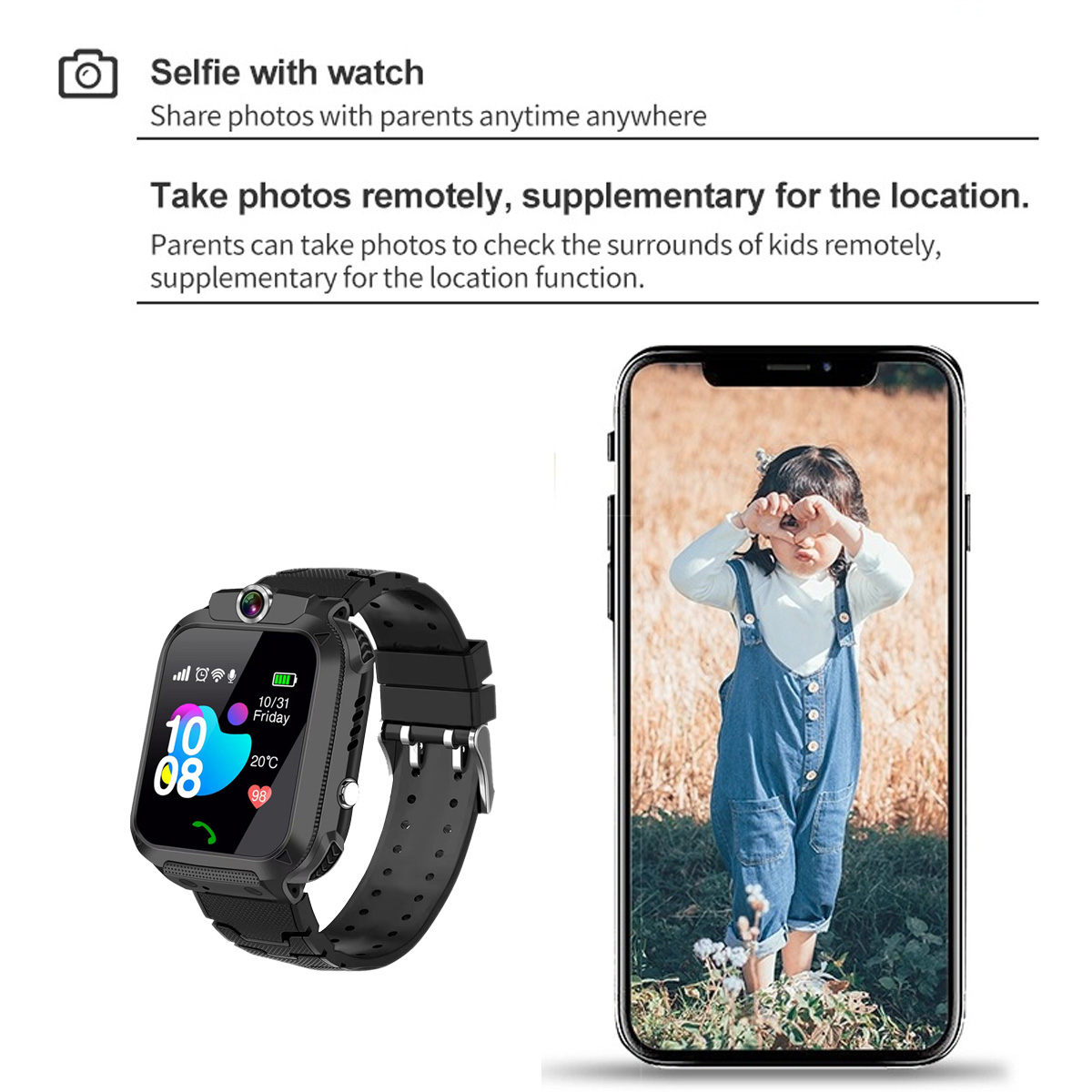 Eine Smartwatch und ein Telefon, das das Foto eines Kindes zeigt. Die Uhr zeigt Datum und Uhrzeit an. Das Foto zeigt ein Kind im Freien.