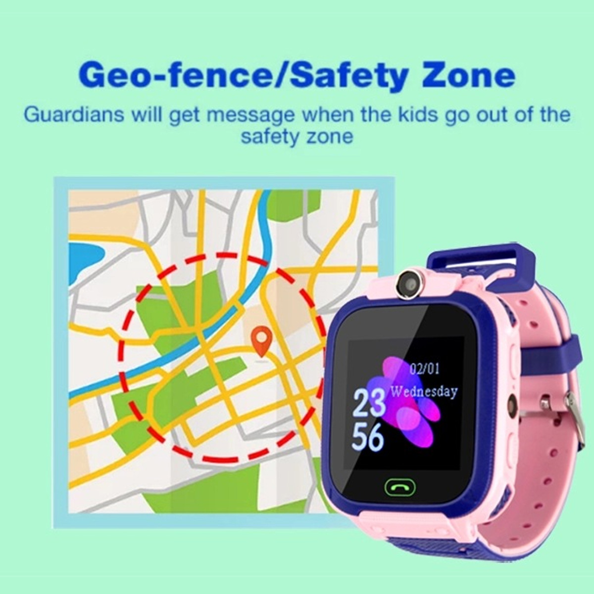Eine rosa-blaue Smartwatch zeigt Uhrzeit und Datum an. Im Hintergrund eine Karte mit Sicherheitszone und Text über Geo-Fencing.