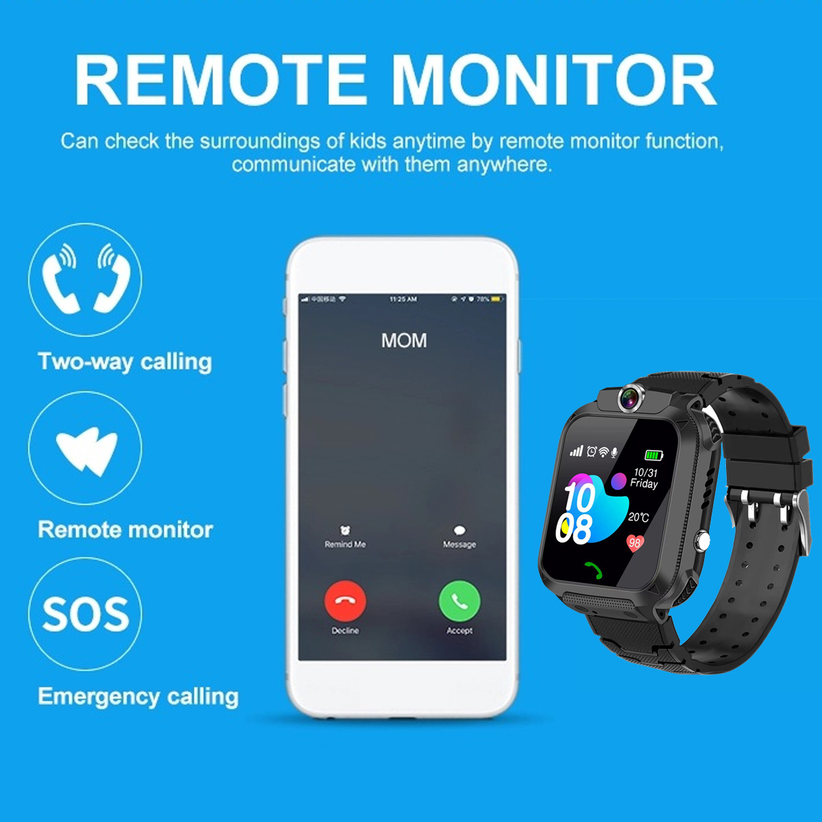 Das Bild zeigt eine Smartwatch, ein Smartphone mit Anrufbildschirm und Symbole für Fernüberwachung und Notrufe. Der Hintergrund ist blau.