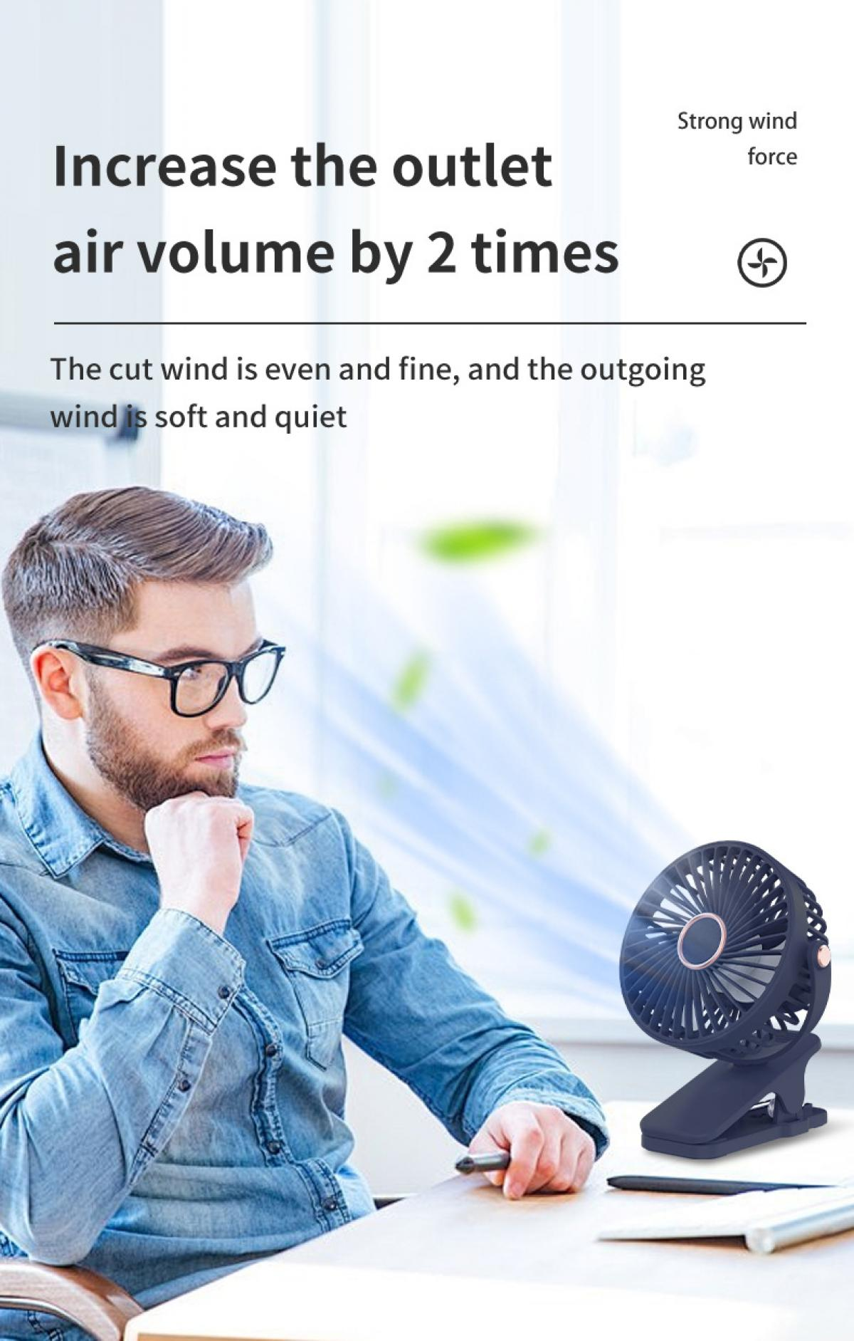 Mann mit Brille in der Nähe eines kleinen Ventilators. Der Text lautet: 'Erhöhen Sie das Luftvolumen um das 2-fache'.