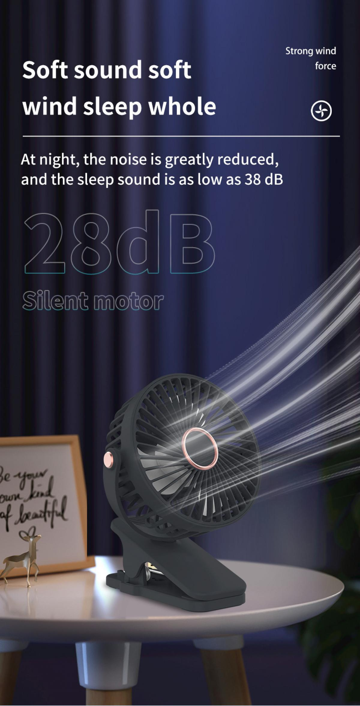 Ein schwarzer Ventilator mit Clip steht auf einem Tisch. Text auf dem Bild sagt 'Soft sound, wind sleep whole' und 'Silent motor'.