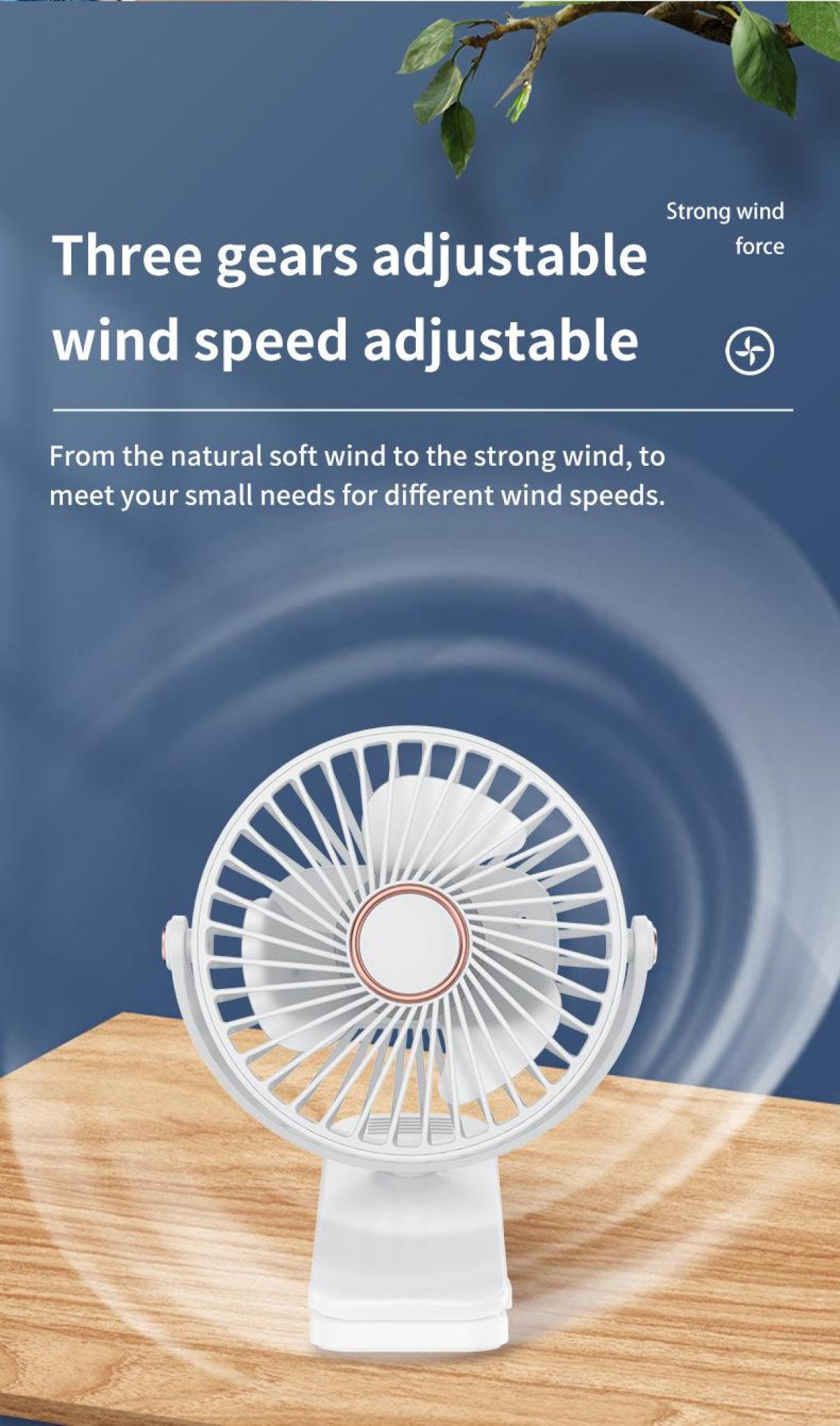 Ein weißer Ventilator mit einstellbarer Windgeschwindigkeit. Text lautet 'Drei Gänge einstellbare Windgeschwindigkeit'.